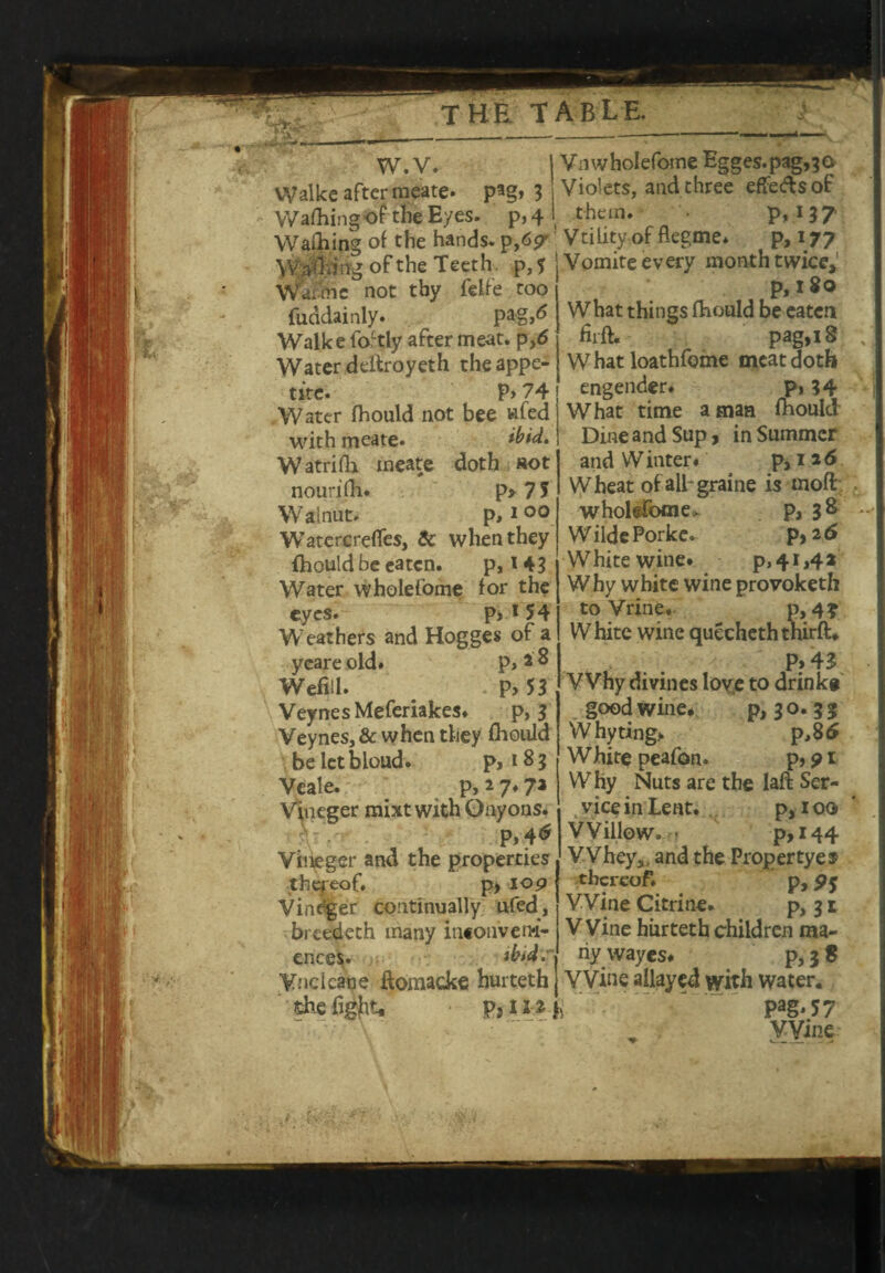 ^41 w.v. Walke after meate. p*gt 3 Washing of the Eyes, p, 4 Waftiing of the hands, p>6gr Waiving of the Teeth p,J War-me not tby feife too fuddainly. pag,6 Walke fo^tly after meat. p,6 Water deftroyeth the appe¬ tite. P> 74 .Water fhould not bee »fed with meate. Watrifli meate doth not nourifh. p> 7 J Walnut. p, i00 Watercrefles, Sc when they fhould be eaten. p, 143 Water wholefome for the eyes. p>!54 Weathers and Hogges of a ycare old* p> a ^ WefiU. P> 53 Veynes Meferiakes. p, $ Veynes, & when they fhould be let blond. p>i83 Veale. p, 2 7* 7* Vpieger mixt with Onyons. p,4^ Villager and the properties thereof, p> 109 Vinner continually ufed, breedeth many in«onveni- ences. *btd Vnclcaoe ftomacke burteth she fight. p,ua Vn wholefome Egges.pag,?o Violets, and three effects of them. p, 137 ' Vtility of flegme* p, 177 j Vomite every month twice*' p,l8o What things fhould be eaten hi ft. pag,i8 W hat loathfome meat doth engender. p» 34 What time a man fhould Dine and Sup, in Summer and Winter. p,i*6 Wheat ofalhgraine is moft wholefome^ p, 38 Wilde Porke. P>2& White wine* p, 41,4a Wby white wine provoketh to Vrine, p,4? White wine quecheththirft* P>43 Why divines love to drinks good wine* p, 30. 35 Why ting.. p,86 W hite peafon. p, 91 Why Nuts are the laft Ser¬ vice in Lent. p,ioo Willow. • p>i44 Whey,, and the Propertyes thereof. p, py Wine Citrine. p, 5 r Wine hurteth children ma¬ ny wayes* p, 3 $ VVine allayed with water. Pag* 57 Wine