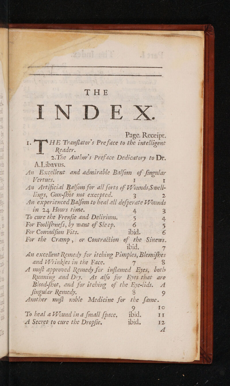 | Page. Receipt. | ir HE Tranflator's Preface to hé intelligent Reader : 2. Tbe Autbor's Preface Dedicatory to Dr. A.Libavus. | An Excellent. and admirable Balfom of fingular Vertues. I I An (Artificial Balfom for all forts of Waoun ds, Ssell- lings, Gun-[bot not excepted. 3 2 An experienced Balfom to heal all defperate VFounds in 24 Hours time. EY 3 To cure the Frenfi e and. Delirium. 5 4. For Foolifhmejs, by 1 want of Sle ep. 6 5 | For Convulfion Fits. ibid. 6 | For the Cramp, or Contratiion of the Sinews. | ibid. 7 | An ex Vis emedy for itchin ng Pimples, Blemifbes | and Wrinkles in the Fund 7 8 | A moft approved Remedy for inflamed Eyes, both a Running and Dry. As alfo for Eyes that are Blood-ft bot, and for itching of the Eye-lids. A l 28 1 = íi | fp gular Renu aay eerie 9 | Another mot novle Medicine for the fame. | TO To heal a VPcund in a fmall fpace, — ibid. II | A Secret to cure the Dropfie, ibid, 12
