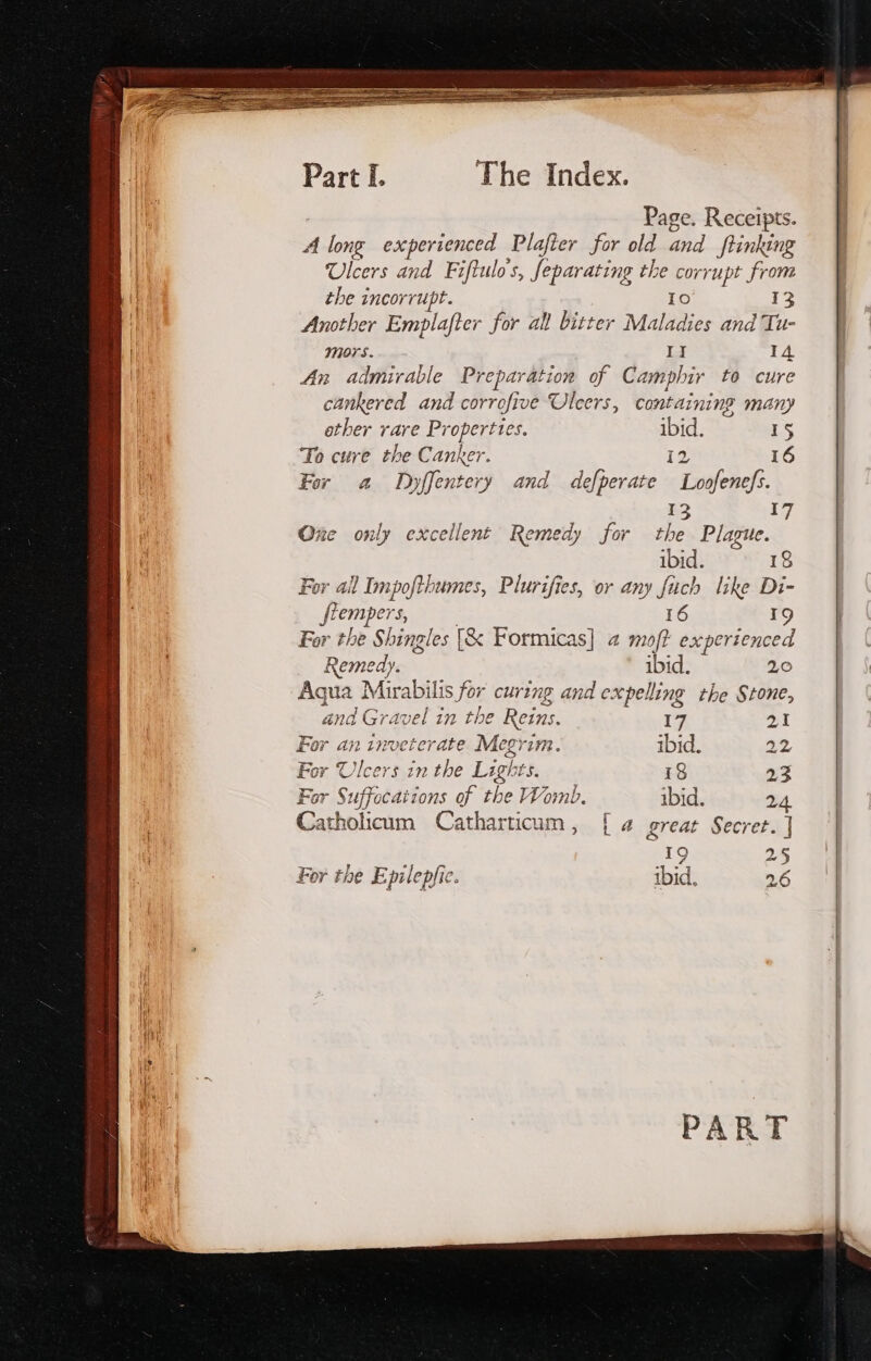 SERES ees Part I. The Index. Page. Receipts. A long experienced Plafier for old and ftinking Ulcers and Fiflulo s, feparating the corrupt from the incorrupt. Io 13 Another Emplafter for all bitter Maladies and Tu- mors. II I4 An admirable Preparation of Camphir to cure cankered and corrofive Uleers, containing many ether rare Properties. ibid. 15 To cure the Canker. 12 16 For a Dyffentery and defperate Loofenefs. 13 17 One only excellent Remedy for the Plague. ibid. 18 For all Impofthumes, Plurifies, or any fuch like Di- fiempers, 16 I9 For the Shingles [&amp; Formicas] a mof? experienced Remedy. ibid. 20 Aqua Mirabilis for curing and expelling the Stone, and Gravel in the Reins. 17 21 For an inveterate Megrim. ibid. 22 For Ulcers in the Lights. 18 23 For Suffocations of the Womb. ibid. 2 } i d Catholicum Catharticum, [| 2 great Secret. | 5 19 For the Epilepfic. ibid.