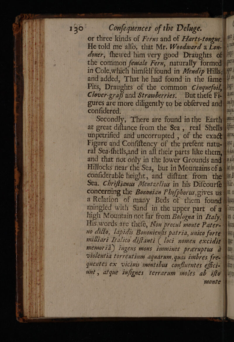 | or three kinds of Ferws and of Ffarts-tongue, it aa a He told me alfo, that Mr. Woodward a Eon- i et doner, fhewed him very good Draughts ofp! tl) oe the common female Fern, naturally formed}! at ie in Cole,which himfelf found in Mendip Hills: id | qa and added, That he had found in the fames?” Pits, Draughts of the common Czmquefoil, ug | Clover-grafs and Strawberries. But thefe Fi-¥ ih gures are more diligently to be obferved andy) confidered. : ait | Secondly, There are found inthe Earthy” ua at great diftance from the Sea , real Shells} Hi unpetrified and uncorrupted , of the exacti}i™ Figure and Confiftency of the prefent natu-j}it ral Sea-fhells,and in all their parts like therm, j Hai and that fiot only in the lower Grounds and itt! Hillocks near the Sea, but in Mountains of a Milt! confiderable height, and diftant. from the} Sea. Chriftianus Mentzelius in his Difcourfe| concerning the Boxoviax Phof{phorus, gives us i y | a Relation of many Beds of them found lw A mingled with Sand in the upper part of plore / high Mountain not far from Bologna in Italy, § ————_— Ws His, words are thefe, Non procul monte Pater- lu : wo ditto, lapidis Bononienfts patria, unico forte Mii Was milliaré Italico diftanti ( loci nomen excidit | Wh: memoria) ingens mons imminet pravuptus a) i} violentia torrentium aquarum, quas imbres fre= Mi guentes ex vicinis montibus confiuentes effici- @ | unt, atque znfignes terrarum moles ab ifto Wye ai i | monte’ | |
