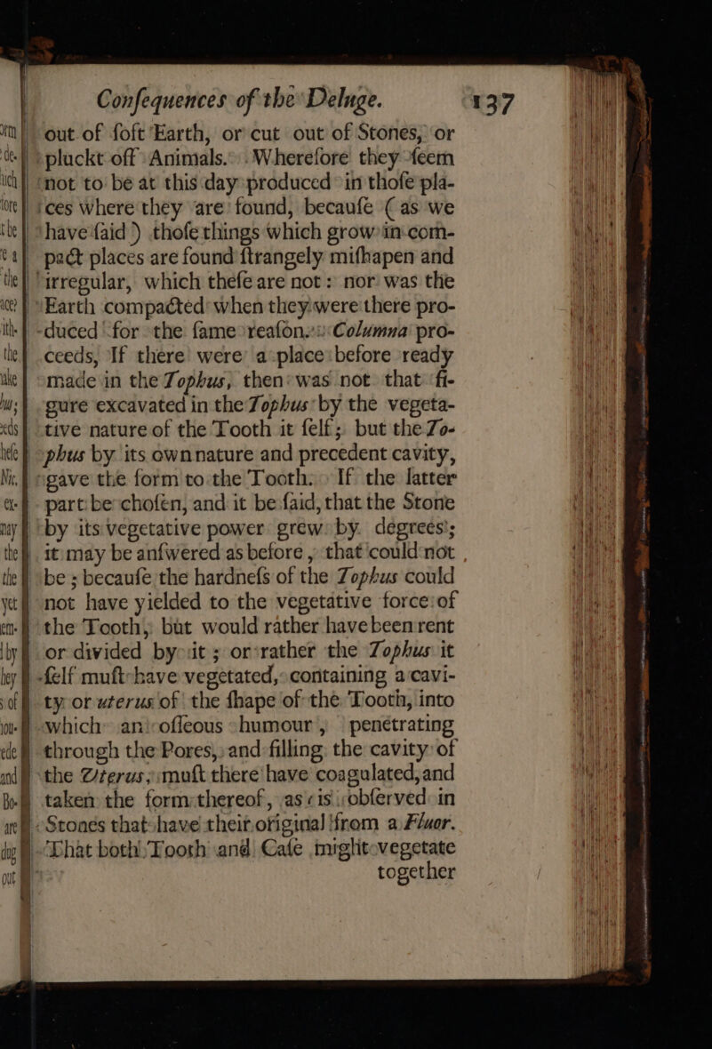 out.of foft Earth, or cut out of Stones, or pluckt off ‘Animals... Wherefore they feem not to be at this. day produced °in thofe pla- have aid) thofe things which grow in-com- pact places are found {trangely mifhapen and ceeds, If there’ were’ a place before ready made in the Tophus, then: was not. that ‘fi- sure excavated in the:Jophus by the vegeta- tive nature of the Tooth it felf; but the Zo- part: be chofeén, and it be faid, that the Stone by its vegetative power. grew by. degrees’; not have yielded to the vegetative force:of the Tooth, but would rather havebeen rent or divided byo:it ; or*rather the Zophus: it ty or uterus of the fhape of the Tooth, into which ani-ofleous s&gt;humour , | penetrating through the Pores,) and filling: the cavity: of taken the form»thereof, as «is iobferved: in out Ea ] ji together ; _ahepionaaiangagpiepeaneinaasi ty RON ieneniiats = SGA cca stmen + i EE i ud aie. ‘wre tae da ay Se mse a 5 io at PP sic sat nese seen “CAD