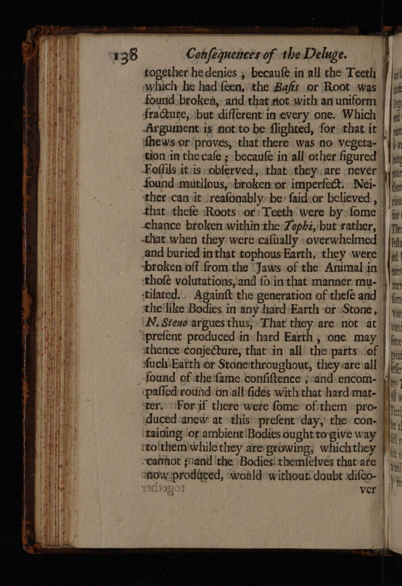 together he denies , becaufe in all the Teeth 7 |,i/ «which he had feen,, the Bafs or Root was J |i found broken, and that not with an uniform fracture, \but different’ inevery one. Which Argument is notito be flighted, for that it |, fhews or ‘proves, that there was no vegeta- [| )y tion in thecafe ; becaufe in all other figured FKoffils it is -obferved, that they are never 4] found .mutilous, -broken:or imperfect. 'Nei- | ‘ther can it /reafonably: be: faidior believed, | that thefe ‘Roots or: Teeth: were by: fome | hance broken withinthe Zophz, but rather, | -that. when they were cafually «overwhelmed and buried inthat tophous Earth, they were ‘broken off from the ‘Jaws of the Animal:in | ‘thofe volutations,'and {0 inthat manner mu- | tilated.» Againft the generation of thefe and | ‘the'like Bodies. in any chard Earth ‘or “Stone, | UN. Steno argues thus, That they are not at | |y thence conjecture, that in all the parts. of ‘fuch\Eatth or Stonethroughout, theyvare:all found of ithe‘fame. confiftence ; and encom- \ (pafied round: onialbfides with that hard mat- ter. For af there were fome of:them pro- |, duced ‘anew at this :prefent day,’ the con- })\,, ‘taining of ambient !Bodies ought to-give way |» rto'them while they are’growing, whichthey }),, -catinot suiand ‘the: Bodies! themielves that are omow:prodyced, world without doubt :difco- lisg01 ver ||