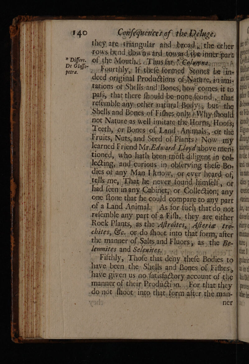 of the Mouthe, ' ‘T hus far SColumnas rnc of pats, that there should-be-none found,» that refemble aay, other natural: Bedyis ‘bute th not Nature.as well,imitate, tlie. Horfis, Hoofsy dies of any Man. Lknow,..or ever ‘heard:-of; tells me, ‘Chat-he nevex,fourid-himeelf,.or of a Land Animal. As for {uch that do. not re(emble any; part of a,Fith, they .are either Rock Plants, as the 4ffroites, Alleria tro- chites, Sc, .or-do shoot into that form; after the. manner of Sales,and Fluors,, asthe Be- one ftone that he. could compare to-any part lemnites and Selenitess 0) 9). + « Fifthly, Thofe,that deny. thefe Bodies to have, been, the» Shells and Bones of Fithes,, |! jt OF pure (it an Mh ales other [ «hb eond Figur lang alate tot | TN dies’ cre bean tute that | his Di