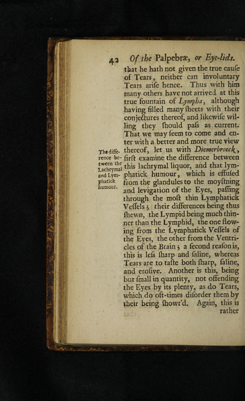 that he hath not given the true caufe of Tears, neither can involuntary Tears arife hence. Thus with him many others have not arrived at this true fountain of Lympha, although having filled many (beets with their conjectures thereof, and likewile wil¬ ling they fhould pals as current. That we may feem to come and en¬ ter with a better and more true view Thediffe- thereof, let us with Diemerbroec, rence be- ftrfl examine the difference between Lachrymal this lachrymal liquor, arid that lym- andLym- phatick humour, which is enuled phatick from the glandules to the moyftning humour. levigation of the Eyes, palling through the moft thin Lymphatick Veflfels 3 their differences being thus i m (hewn, the Lympid being much thin- 1|| | ner than the Lymphid, the one flow- j jjf ! ing from the Lymphatick Veflels of Jj 1 the Eyes, the other from the Ventri- ! 11 cles of the Brain 3 a fecond reafon is, li this is left fharp and faline, whereas i || Tears are to tafte both fharp, faline, |1; and erofive. Another is this, being