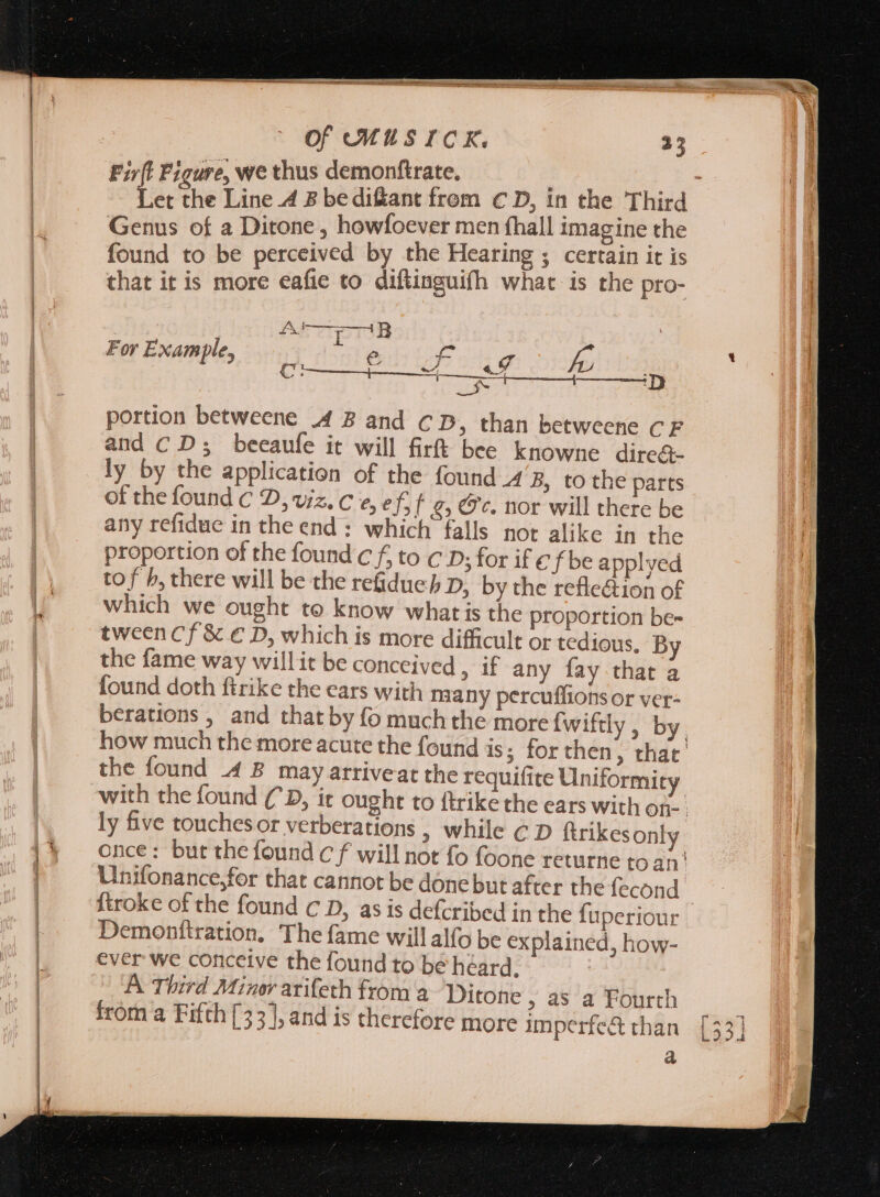 Firft Figure, we thus demonftrate, a n the Line A B be di&amp;ant from c D, in the Third Genus of a Ditone , howfoever men fhall imagine the found to be perceived by the Hearing ; certain it is that it is more eafie to diftinguifh what is the pro- ^ i} ne Act T ForExampe, 9 e f£ i^ onde Ci 4 a ‘D portion betweene .4 B and CD, than betweene C F and C D; beeaufe it will firft bee knowne dire&amp;- ly by the application of the found 4 B, to the parts of the found C 2, viz. C e, ef, f 2; C'c. nor will there be any refidue in theend : which falls not alike in the proportion of the found c f, to c D; for if € f be applyed to f b, there will be the refidue b D, bythe refle&amp;ion of which we ought to know whatis the proportion be- tween Cf &amp; € D, which is more difficult or tedious, By the fame way willit be conceived , if any fay that a found doth firike the ears with many percuffions or ver- berations , and that by fo much thé more {wiftly , by. how much the more acute the found is; for then, that’ the found .4 B may arriveat the requifite Uniformity with the found (^D, it ought to {trike the ears with oí- j ly five touchesor verberations ; While C D ftrikes only once: but the found cf will not fo foone returne toan! Unifonance,for that cannot be done but after the fecond — Stroke of the found c D, as is defcribed in the fuperiour Demonttration. The fame will alfo be explained, how- ever we conceive the found to be héard, - A Third Minor arifeth from a. Ditone &gt; a8 a Fourth a