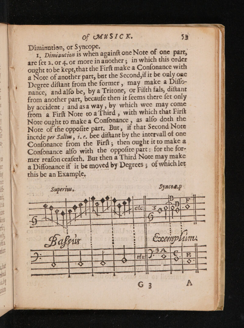 —— — ALME Ls oN of MUSICK. 53 Diminutien, or Syncope. 1. Dimiaution is when againft one Note of one part, are fet 2, or 4. or more inanother ; in which this order ought tobe Kept,that the Firft make a Confonance with a Note of another part, bat the Second,if it be only one Degree diftant from the former , may make a Diffo- nance, andalfo be, by a Tritone, or Fifth fals, diftant from another part, becaufe then it feems there fet only by accident : and asa way , by which wee may come from a Firft Note toa Third , with which that Firft Note ought to make a Confonance , as alfo doth the Note of the oppofite part, But, if that Second Note incede per Salim, 1. e. bee diftant by the intervall of one Confonance from the Firft; then ought it to make a Confonance alfo with the oppofite part : for the for- mer reafon ceafeth, But then a Third Note may make a Diffonance if it be moved by Degrees ; of whichlet thisbe an Example, | Superzu s.