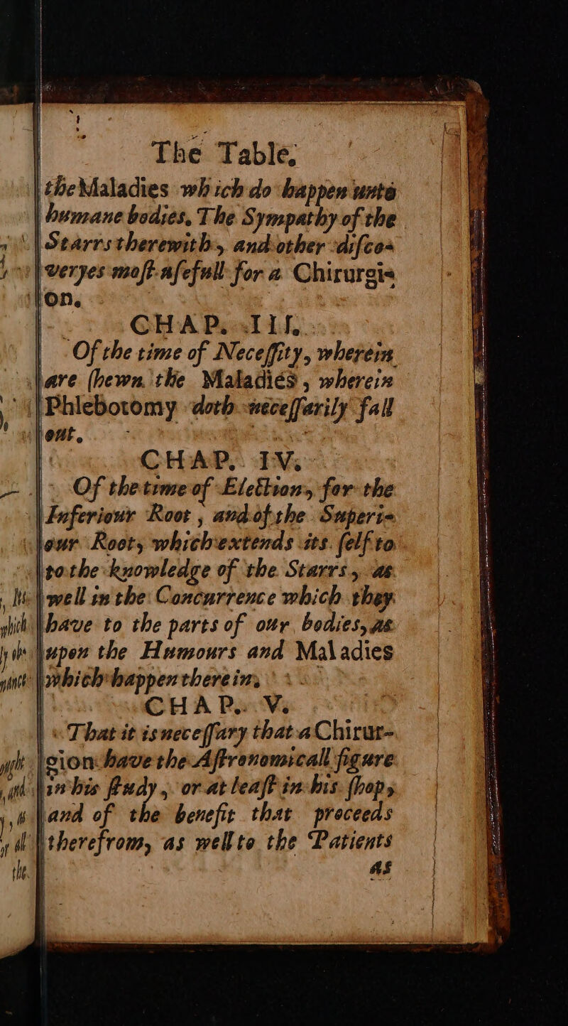 |theMaladies wh ich do happen unte | bemane bodies, The Sympathy of the | Starrs therewith, andother ‘difce+ | veryes maft-afefull for a Chirurgis On. : CHAP:AILL | Of the time of Neceffity, wherein share (hewn the Maladiés , whereix (| Phlebotomy «doth wécefferily fall peat, : a | CHADS EM : |: Ofthetimeof Elettion, for the CHAP. V. | « Thatit isneceffary that aChirur- |eion:bave the Affrenomicall figare dis bis Rudy, or at least in-bis. (hops Land of the benefit that preceeds therefrom, as wellte the “Patients | as