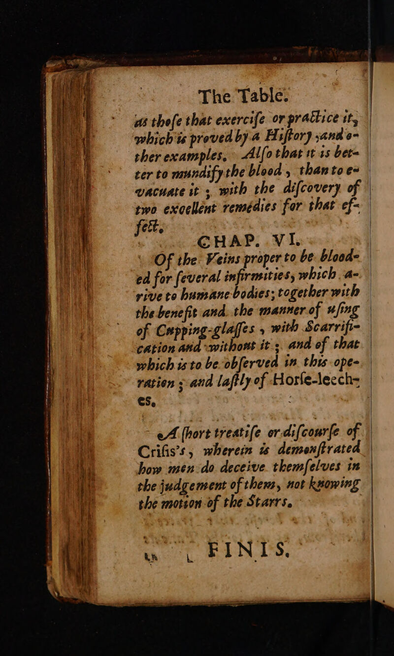 re me maabameny eis ic whichis proved by.4 Hijtor) and o- ther examples, Alfo that wt 1s bet vacuate it, with the difcovery of two excellent remédies for that ef- fer, Fos Of the Veins proper to be blood- ed for feveral infirmities, which a- rive to humane bodies; together with the benefit and. the manner of fing of Cupping-glaffes , with Scarrifi- which isto be obferved in. this ope- ¢s, 2 - eA [hort treatife or difcourfe of Crifis’s, wherein is demenftrated how men-do deceive. themfelves in the judgement ofthem, not kwowing the motion of the Starrs. | ot REN AS.