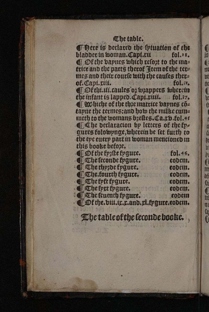 G here ig declared the ſytuation of the bladder in woman. Capt. xii fol. 28. ¶ Ok the vaynes which refort to the maz trice and the parts therot Item of the ter⸗ mes and their courte with the caules ther⸗ ot. Capi. cts. : fol. 51. ¶ Ok thi.iti.caules ‘02 wzappers therein the inkant is lapped. Capi.xitii. fol.37. ¶ d hiche of the thre matrice vaynes cõ⸗ tàyne the termes:and how the milke cum⸗ meth to the womans bꝛeſtes. Ca. xv. fol. 45 The declaracton by letters of the ky⸗ cures folowynge, wherein be fet furth to the eye euery part in woman mencioned in this booke befoze, 6 ¶ Ot the kyꝛſte kygure. kol. 46. The table ot the leconde booke.