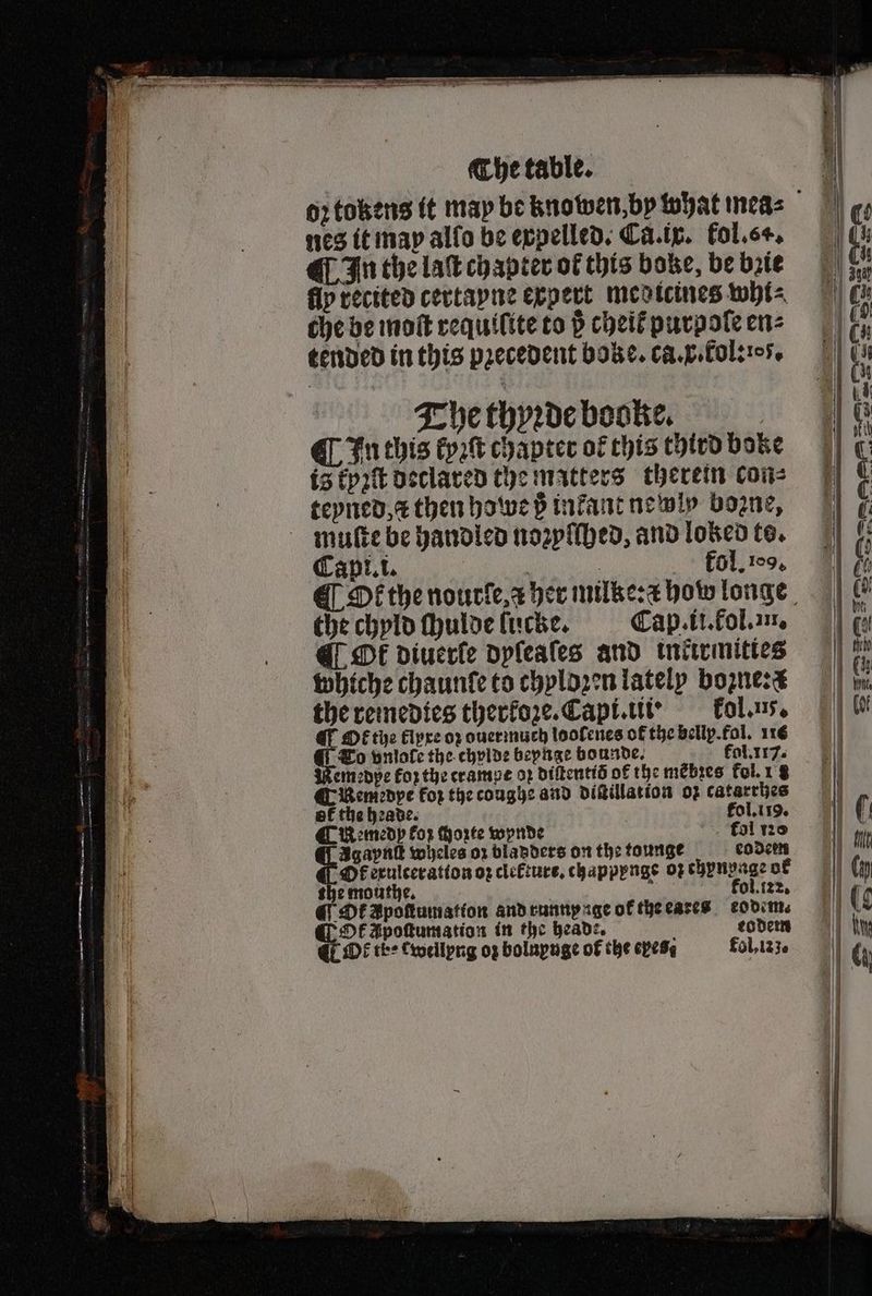 The thyꝛde booke. In this kyꝛſt chapter of this third boke is kyꝛſt declared the matters therein con⸗ teyned, a then howe ß infant newly bozne, mulſte be handled noꝛyſſhed, and lobed to. Capi. i. kol. 19. ( Di thenourle,z her milke: how longe the chyld ſhulde lucke. Cap. ii. fol., ¶ Ok diuerle dyſeaſes and inktrmities whiche chaunfe to chyldzen lately boꝛne: the remedies therkoze. Capi. iii? kol. u. Ot tye Elpre oʒ ouermuch looſenes of the belly. fol. 116 To vnlole the chylde beynge bounde. kol. 117. Lemedpe Fox the crampe oꝛ diſtentiõ of the mébies fol. 1 Remedype for the conghe and diſtillation oz catarrhes af the heade. | kol. 119. ¶ Kemedy for chozte wynde kol 10 Agaynſt wheles oz bladders on the tounge eo dern Of exulceration oꝛ clełture. chappłnge oꝛ chynvage of the mouthe. 2 fol. 122. ¶ Ot zpoſtumation and runny age of the eareß eodem⸗ Ok Apoſtumation in the heade. N eodem Okt the cwellyng oz bolnynge of the eyes fol, 183.