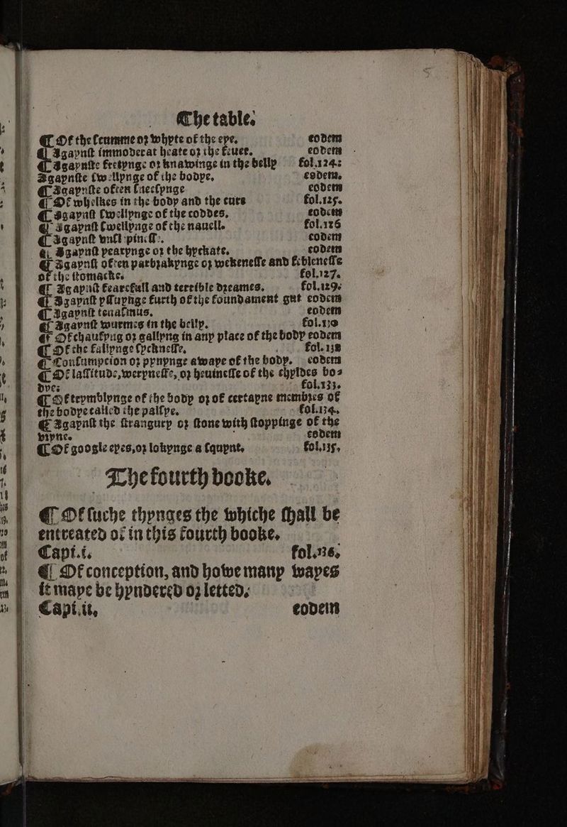 | ‘| 9 The table. ¶ Ot the leumme oꝛ whyte of the exe. eo dem Agapnſt immoderat heate oz the Feuer. eo dem Agapuſte fretynge or knawinge in the bellßx kol. 124 Baapntte lw ellpnge of the bodpe. esdem. ¶ Acapntte often Crecfpnge eodem todem Agapnſt Cwellpuge of the nauell. fol. 116 4 Ag apnſt onll pineſſ. codem Igapnſt often parbꝛakynge oz wekeneſſe and kebleneſſe ok the ſtomache. B fol. 127. L Ag apnſt fearekull and terrible dꝛeames. fol. 1x9. @ zapnſt pfſupnge furth of the koundament gut eodem CT igapnſt tenalmus. eodem Ef Agavpnſt wurmes in the belly. kol. 10 MF Dfchaufpug oz gallyng in any place of the body eodem ¶ DE the fallynge cyckneſſe. N kol. 138 C Coulumpcion oꝛ pynynge awape of the body. coders @ DE laſlitude, werpucife, oz heuineſſe of the chyldes bos dye; : fol. 133. Gk trymblynge ok the body op ok certapne membꝛes ol the bodye called the palſpe. fol. 134. Agapnſt the ſtrangurp oz ſtone with ſtoppinge of the vipne. f eo dem Ot google epes, oʒ lokynge a Cqupnt, kol. . The kourth booke. ¶ ck ſuche thynges the whiche ſhall be entreated ol in this fourth booke. Capi.i. kol. ns. ¶ Df conception, and howe manp wapes it mape be hyndered oz letted. | Capi ii. eodem