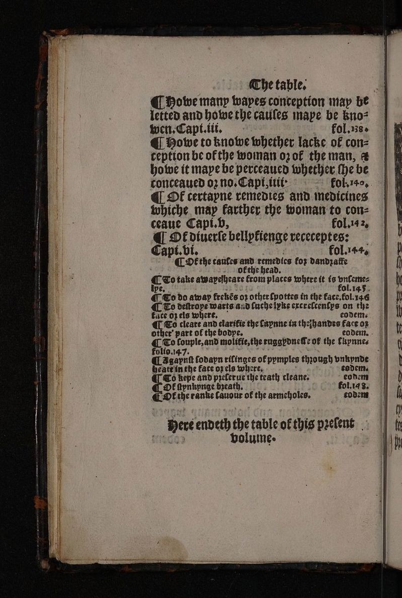 @ Howe many wapes conception may be letted and howe the caules mape be kno⸗ wen. Capi.iii. kol. us. @ Howe to knowe whether lacke ok con⸗ ceptton be of the woman oz ot the man, & ho we it mape be perceaued whether che be conceaued oz no. Capi, iii kol. 140% ¶ DE certapne remedies and medicines whiche map farther the woman to con⸗ ceaue Capi. b, kol. 42, @ Ot diuerſe bellpkienge receceptes: Capi. vi. kol. 44. ¶ Ot the tautes aa Femedice koꝛ dandꝛatfe cas take atapelyeare from places where it is vnſeme⸗ kol. 145 4 To do away frekẽs oz other ſpottes in the face. fol. 146 ¶ To deſtrope warts and luche lyke excrelcenſys on the face oz eis where. eodem. To cleare and clarifie the Capnne in thejhandes face o ther’ part of the bodye. folio.147. @_Agaynt todayn ricinges of pymples through bnhiynde Heate in the face oz cls where. Co kepe and pꝛelerue the teath tleane. Ok ſtynkpnge bzeath. Ok the eanke lauour of the armeholes. eodem ba endeth the table ol this strony! boluinee
