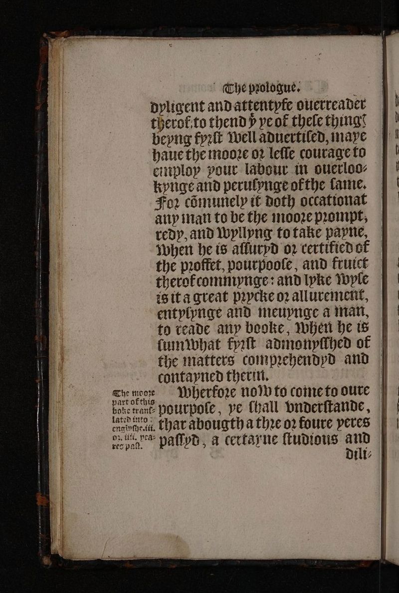 Che pꝛologue. dyligent and attentyfe ouerreader therol to thend y ye ol thele thing beyng fyꝛſt well aduertiled, maye haue the mooꝛe oꝛ leſſe courage to einploy pour labour in ouerloo⸗ kynge and perulynge ofthe lame. Joꝛ cõmunelpy it Doth occationat any man to be the mooꝛe pꝛompt, redy, and wyllyng to take payne, when he is affurpd oꝛ certified ok the pꝛoffet, pourpooſe, and fruick therokcommynge: and lyke wyle is it a great pꝛycke oꝛ allurement, entylynge and meuynge a man. lumwhat kyzſt admonyſſthed of | the matters compꝛehendyd and contayned therin. | bote rant Pourpole, ye (hall vnderſtande, lated into Dili⸗
