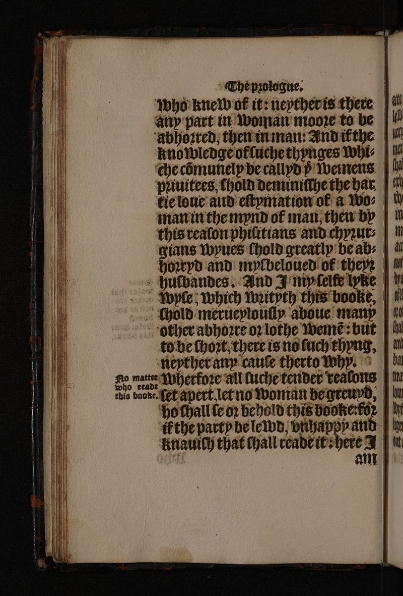 inners r= SS Ss Ps — = . — bother abhoꝛte oꝛ lothe wemẽ: but hi to be ſhoꝛt, there is no luch thyng, un neythet any caule therto who. fo mee Wherkoꝛe all luche tender realons in this booke. fet apert let no woman be greuyd, in ho chall te oꝛ dehold this booke to: ly the part» belewd vnhappp and knauich that (hall reade it: here 1 e am