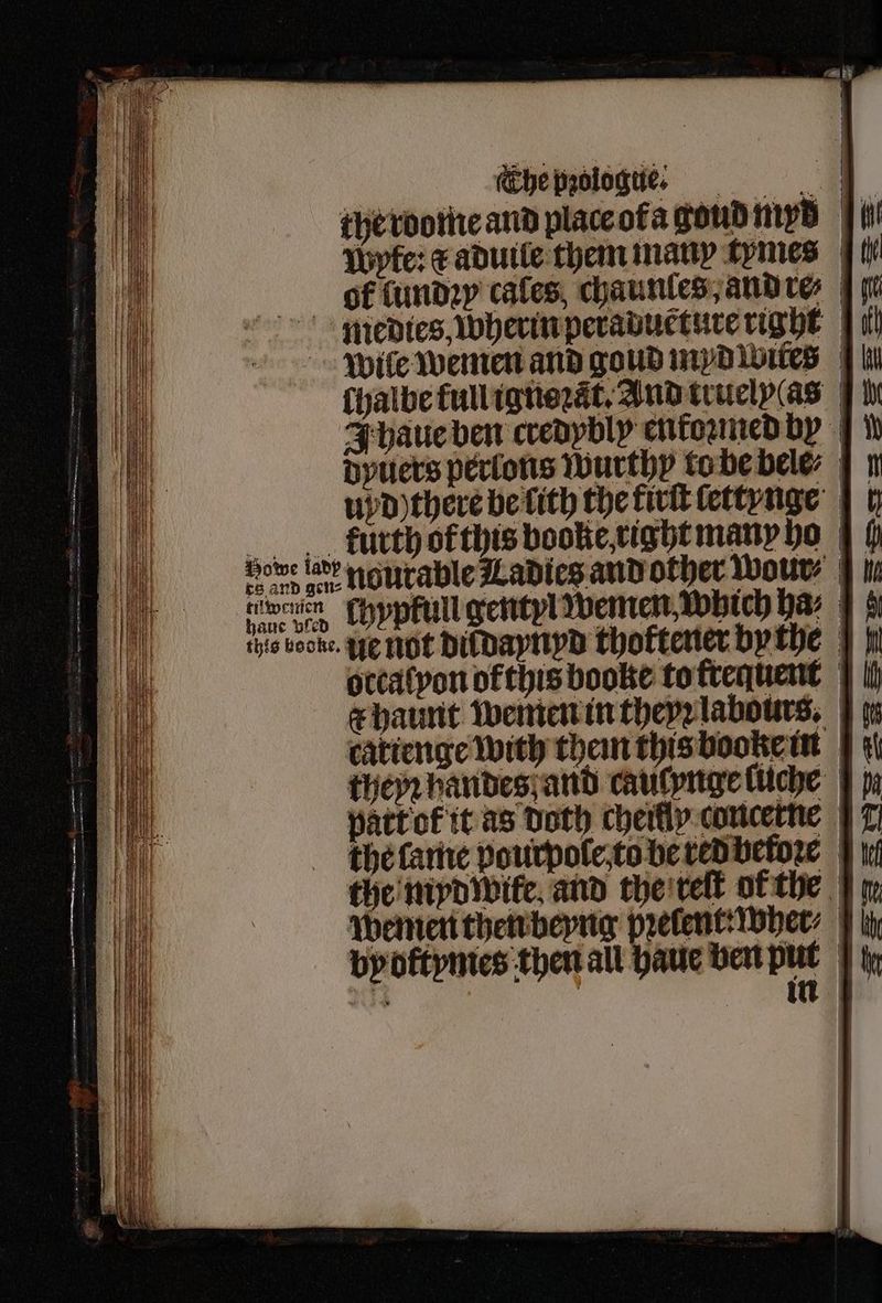 | éhepologue; the roome and place ola goud mys Wyte: & aduile them many tymes tt ol lundꝛy cales chaunles,and re, fg medies, wherin peraduẽture right al Wile wemen and goud mydwites | ll chalbe full igneꝛat. And truclpas h IJhaue ben credybly enkoꝛmed by 7 i dyuers perlons wurthy to be bele | i uyd) there be lith the firſt lettvnge | p furth ofthis bool, right many ho | f Me a i th ts a Howe n, Hollrable Ladies and other Wour | dane rd Lhypkull gentyl wemen⸗ which ar 7 6 this books. Ne not dildaynyd thoftener by the hi otcalyon ofthis booke to frequent c haunt wemen in theyꝛ labours. catienge with them this bookein theyꝛ handes and caulynge luche | pi part ok it as Doth cheifly concerne } F the lame pourpole to be red beſoꝛe the myd wife and the reſt or the Wemen then beyng pꝛelent : wher⸗ bydftymes then all haue ben put in