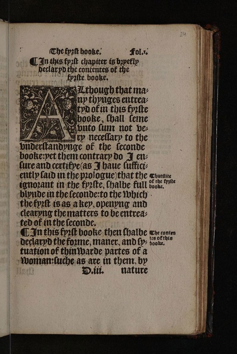 ¶ In this fyꝛſt chapiter is bꝛpełly las the contentes of the tiles kyꝛſte booke, ü gan ny Bie, le to the ſure and certifye(as J haue lutfici⸗ ignoꝛant in the frrtte, halbe full don blynde in the feconde:to the which clearyng the matters to be entrea⸗ Cz n this kyꝛſt booke then chalbe Che ponte D. iii. nature BAT