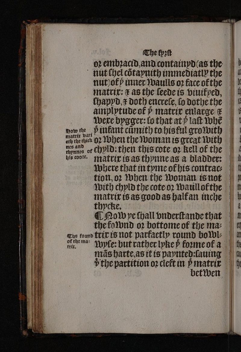 The fprtt nut) ot ůÿ inner waulls oꝛ face ofthe matrix: € as the ſeede is viuityed, Were bygger: lo that at laſt Whe tion, oꝛ when the woman is not matrix is as good as halt an inche thycke. GL Now ve chall vnderſtande that the ko wnd oꝛ bottome of the ma⸗ trix. betwen — — — — A Sr. . — » — ̃F B i » aa — SS = S = ss = — — S — — es —