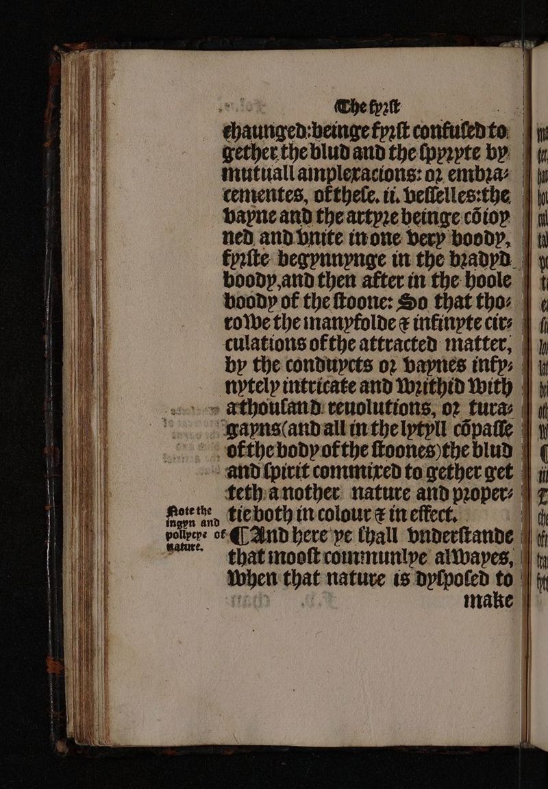 T0. ſihefyꝛt f chaunged einge kyꝛſt confuled to | gether. the blud and the lpyꝛyte by mutuall amplexacions: oz embꝛa⸗ cenrentes, oktheſe. ii. vellelles:the vayne and the artyꝛe beinge cõioy ned and vnite in one very boody, | fyꝛſte begynnynge in the bꝛadyd boody, and then after in the hoole boody of the ſtoone: So that tho: | ; ro we the inanpfolde e infinyte cir⸗ i culations ofthe attracted matter, by the conduycts oꝛ vaynes inky⸗ i nytely intricate and wꝛithid with aàthouland reuolutions, oꝛ tura-⸗ i gaynsl and all in the lytyll copafie | 4) bkfthe bodyofthe ſtoones) the blud ¢ “and ſpirit commixed to gether get i teth a nother nature and pꝛoper⸗ 2 en and kie both in colour c in eſteckt. bau of ¶ And here ve Chall vnderſtande that mooſt communlpe alwapes, when oe nature is dylpoled — TR i 1 7 Ü—„4% 444444 %4⸗ 4%44łC4444„„ „4 „K1ß%t „44 — a = — f