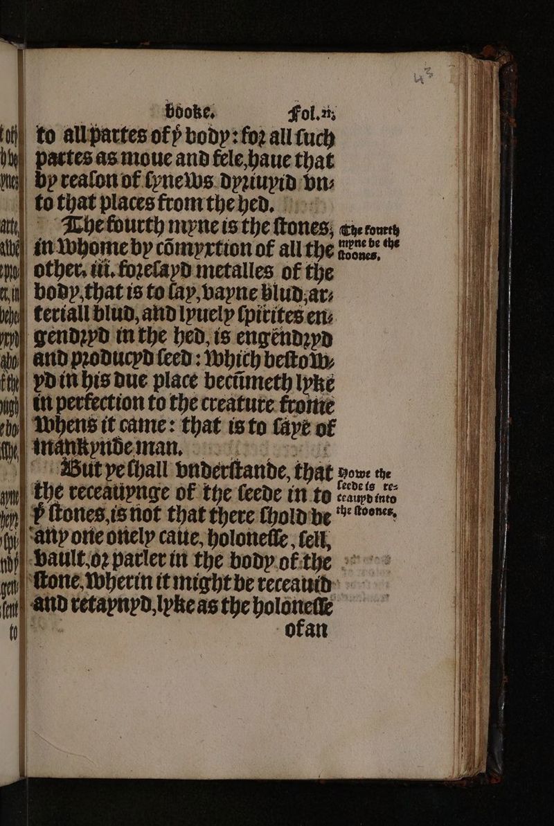 Bae booke. Fol. u. th) to all partes of p body: foꝛ all ſuch partes as moue and tele, haue that by realon ot ſynews dyꝛiuyid vn⸗ to that places from the hed. Wwhens it came: that is to faye of I enh (att B