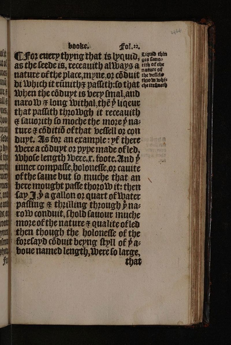 ; booke. Gon Foz euerythyng that is lyquid, “2 6 aly as theleede is, receauith always a 1 ofthe la nature of the place myne oꝛ cõduit g la di which it rünithẽ paſlith:ſo that M0 when the cõduyt is very ſmal, and naro w x long withal thẽ 5 liqeur that paſlith thꝛowgh it receauith & lauoꝛith fo moche the mozep na: Wal) ture e cõditiõ of that veſſell oꝛ con dupt. As foꝛ an example: yf there were a cõduxpt oꝛ pype made of led, whole length were. r. toote. And y inner compaſle holoneſſe, oꝛ cauite la of the fame but fo muche that an nei here mought paſle thoꝛow it: then } fap Ja gallon o2 quart ot water bpaſling € thalling through v na⸗ row conduit, fholdfauour inuche ͤhmoꝛe ot the nature æ qualite ofled ua chen though the holoneſſe of the u koꝛelayd cõduit beyng ſtyll of Pa: ps boue named length, were fo a