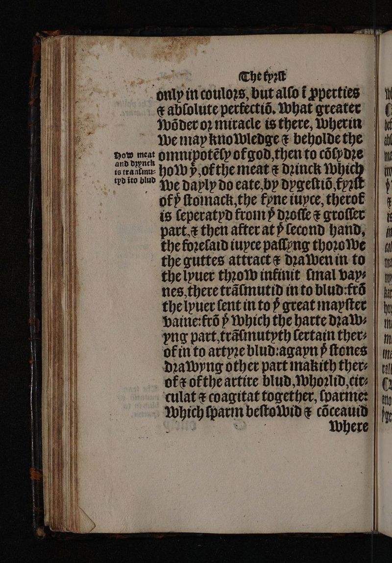 only in couloꝛs, but alfo t ꝓperties ct abfolute pertectiõ. what greater wöõ der oꝛ miracle is there, Where | we may knowledge t beholde the and dꝛynck isreantine how v, ot the meat € dꝛinck 8 9 eo tko ben We daply do eate by dygeſtiõ fyꝛſt ofp ſtomack, the fyne iuyce, therok is leperatyd from y dꝛoſſe ⁊ groſler part. æ then after at ſecond hand, the foꝛelaid iuyce paſlong thoꝛo we the guttes attract ¢ dꝛawen in to the lyuer thꝛow inkinit mal bays |) nes, there trãlmutid in to blud-ft6 | the lyuer lent in to ỹ great mayſter = — > ———— — — png part, trãſmutyth lertain ther | of in to artyꝛe blud:agayn p ſtones ok c okthe artire blud, whoꝛlid, cir⸗ culat ⁊ coagitat together, ſparme: which lparm beſtowid c cõceauid e where he