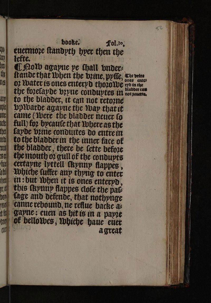 | Die—oode: folge. euermoꝛe ſtandyth byer then the left. ¶ How agayne pe tall vnder⸗ | to the bladder, it can not retoꝛne % vp warde agayne the way that it came (Were the bladder neuer lo kull) foꝛ bycauſe that where as the layde pꝛine conduites do entre in to the bladder in the inner face of ui) the bladder, there be ſette before the mouth oꝛ gull of the conduyts an Certapne lyttell ckynny flappes , phi) Whiche utter any thyng to enter ah in: but when it is ones enteryd, l) this ſtynny flappes clole the pat lage and Defende, that nothynge canne rebound, ne reflue backe a⸗ (ii; Bayne: euen as hit is in a payꝛe py OF bello wes, whiche haue euer R aagreat