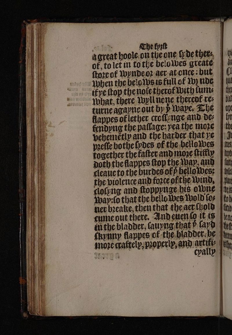 clolyng and ſtoppynge his owne ner bꝛeake, then that the aer cold cume out there. And euen lo it is in the bladder, tauyng that ÿ fayd | ckynny flappes of the bladder be sore crattelp, pꝛoperi, and ay lh cyaliꝰ Ni