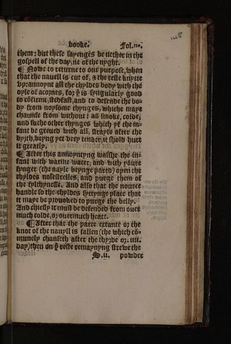 bodke⸗ Fol. ner byꝛth, beyng yet very tende it Hold hurt Wakeatipy 2 ea tos Hider coped 3 = . ee — ̃ — handle fo the chyldes ſyttynge plate that it mape be pꝛouoked to purge the bell ⸗ And chielly it muſt be dekended From ouer Much colde, or ouermuch heate. [ Akter that the parte ertante oz the knot of the nauyll is fallen (the which cõ⸗ * } i | 4 dap) then on p vette remaynyng ſtrewe the ö Seu, powder