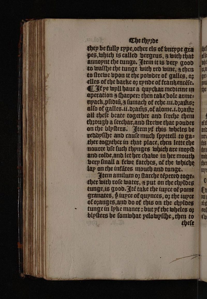 a. The thyꝛde ot they be kully rype, other els of vnrype gta | pes, which is called vergeus, a with that annoput the tunge. Item it is very good to walſhe the tunge with red wine, a then to ſtrewe vpon it the powder ok galles, o: elles of the barke oz rynde of frankencéfe, ¶ It pe wull haue a qupckar medieine in operation & ſharper: then take bole arme⸗ nyack.pſidiũ, ⁊ ſumach of eche iii. dꝛam̃s: allo of galles.ii.dꝛam̃s, oł alome.i.dꝛam: all theſe beate together and lerche them thꝛough a ſerchar. and ſtrewe that pouder on the blyſters. Item yk this wheles be en reddyſſhe and caufe much ſpyttell to ga⸗ i ther togyther in that place, then lette the naurce hfe {uch thynges which are mopſt he and eolde, and let her chawe in her mouth very ſmall a tewe fatches, ot the whiche lay on the inkãtes mouth and tunge. At Item amilum oꝛ ſtarche tépered toges ther with role water, r put on the chyldes * tunge, is good. Itẽ take the iuyce ot pome ff Granates, 8ᷣ iuyce of quynces, oʒ the iuyte it of oꝛanges, and do of this on the chyldesxg tunge in lyke maner: but yl the wheles o