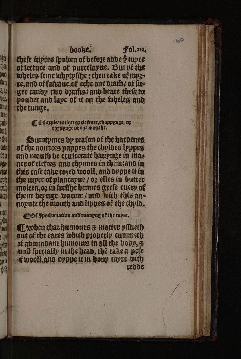 ti ou booke. Fol. 122, thele ftipces ſpoken of before adde ß iuyce or lettuce and of purcelapne. But pe the wheles feine whytyſche : then take of myz⸗ re, and of lakrane, ot eche one dꝛam̃ / ok fue gte candy two dꝛam̃s: and beate theſe to vouder and lape of it on the wheleg aud Ot exulteration oꝛ lettuce, chappynge, o: chynpnge ok the mouthe. Sumtymes by reafon of the hardenes and mouth be exulcerate hauynge in maz ner ol cleftes and chynnes in them: and in this cafe take tozed wooll, and dyppe it in the iupce of plantapne / oz elles in butter molten, oꝛ in kreſſhe hennes greſe euery ol them beynge warme / and with this an⸗ noynte the mouth and lipnes of the chyld. Ot Apoſtumation and runnyng of the eares. when that humours @ matter yſlueth put ot the cares which properly cummeth dk aboundant humours in all the body, & — — — — ferment aie ner Seyneaee serene ͤ ͤ ———.... b —— a 8 : nS SS I — . ͤôHR— n * e * r ——T—T—T—T—T—T—T—T—T—T—T——— — . — ——. ̃ —ññ —.—üää— —̃ — ica a — site > Seen re: g 3 . —— — a —. — —— : — = — ; — 7 ae * Qh aE a SSS ee — — 3 — Sas eee 2 ae eee: — 8 ae = > heave