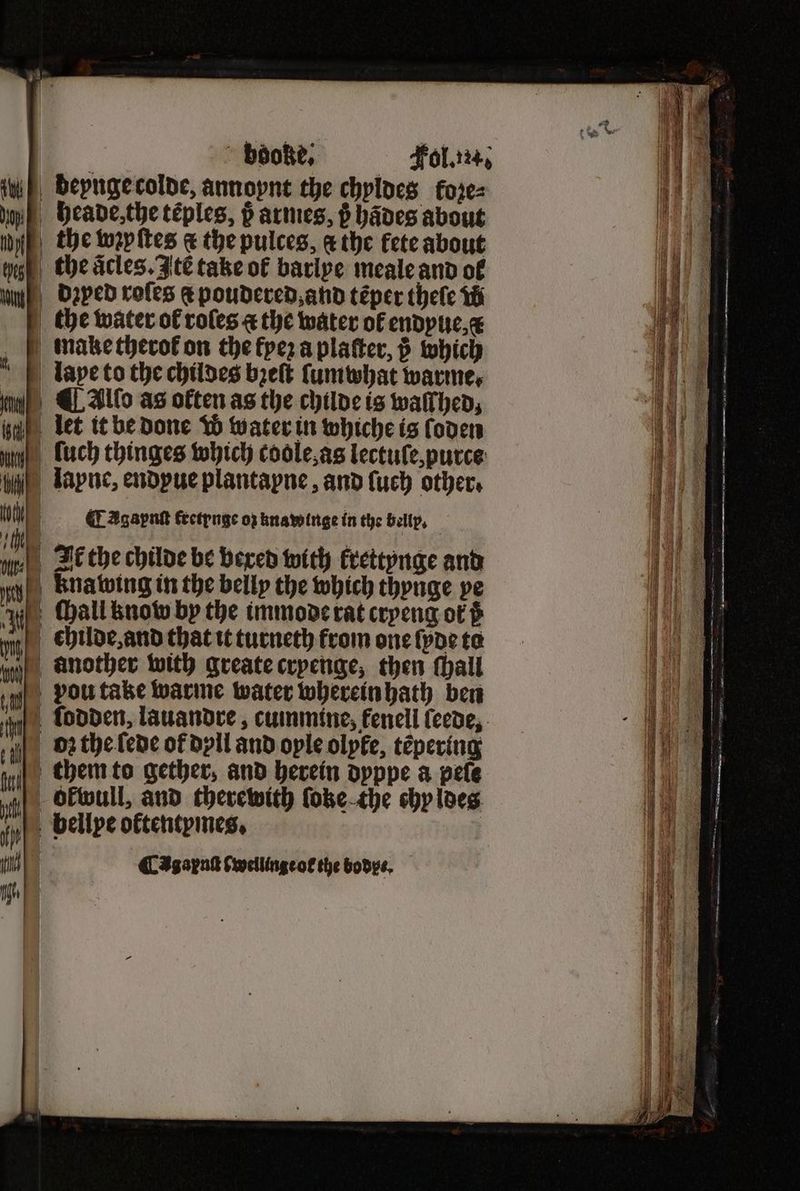 a book, Fol. make therok on the fpez a platter, § which lape to the childes bꝛeſt ſumwhat warme. Aldo as often as the childe is waſched, inp let it be done W water in whiche is loden u luch thinges which coole, as lectuſe, purce U lapne, endyue plantapne, and ſuch other. UI | GF Agapak fectynge op hnawinge in the belly. ne, Il the childe be bexed with krettynge and kna wing in the belly the which thynge pe ii (hall know by the immode rat cryeng of d i childe, and that it turneth from one ſpde to inh another with greate crpenge, then hall e vou take warme water wherein hath ben th ſodden, lauandre, cummine, kenell ſeede, dn the ſede of dyll and ople olpfe, tẽpering ruil them to gether, and herein dyppe a pele wit Olwull, and therewith ſoke the chy loes. |. bellpe oftentpmes, ‘CAgaput cwelungeot the bodys, — = = 2 — — ce