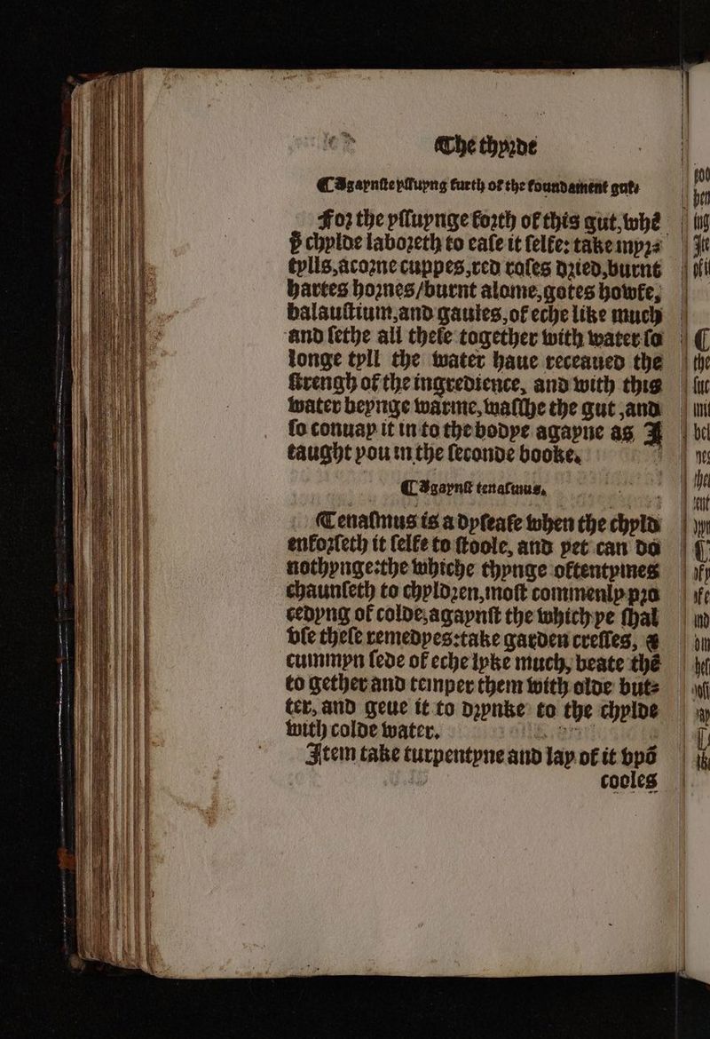 ¶ As aynſte pfupng furth of the foundament guts hartes hoꝛnes / burnt alome, gotes howfe, ſtrengh of the ingredience, and with thig water beynge warme, walle the gut, and fo conuap it in to the bodye agayne as 1 taught pou in the ſeconde booke, ‘ ¶ Igaynſt tenacmus. ee Tenaſmus is a dyſeaſe when the chyld enkozleth it ſelle to ftoole, and pet can do nothynge:the whiche thynge oltentymeg chaunſeth to chyldꝛen, moſt commenlp pꝛo cedyng of colde, agaynſt the which ye ſhal ole thele remedyes:take garden creſles, @ to gether and teinper them with olde but⸗ ter, and geue it to dꝛynke to the chylde Item take turpentyne and lay ot it bps J cooles