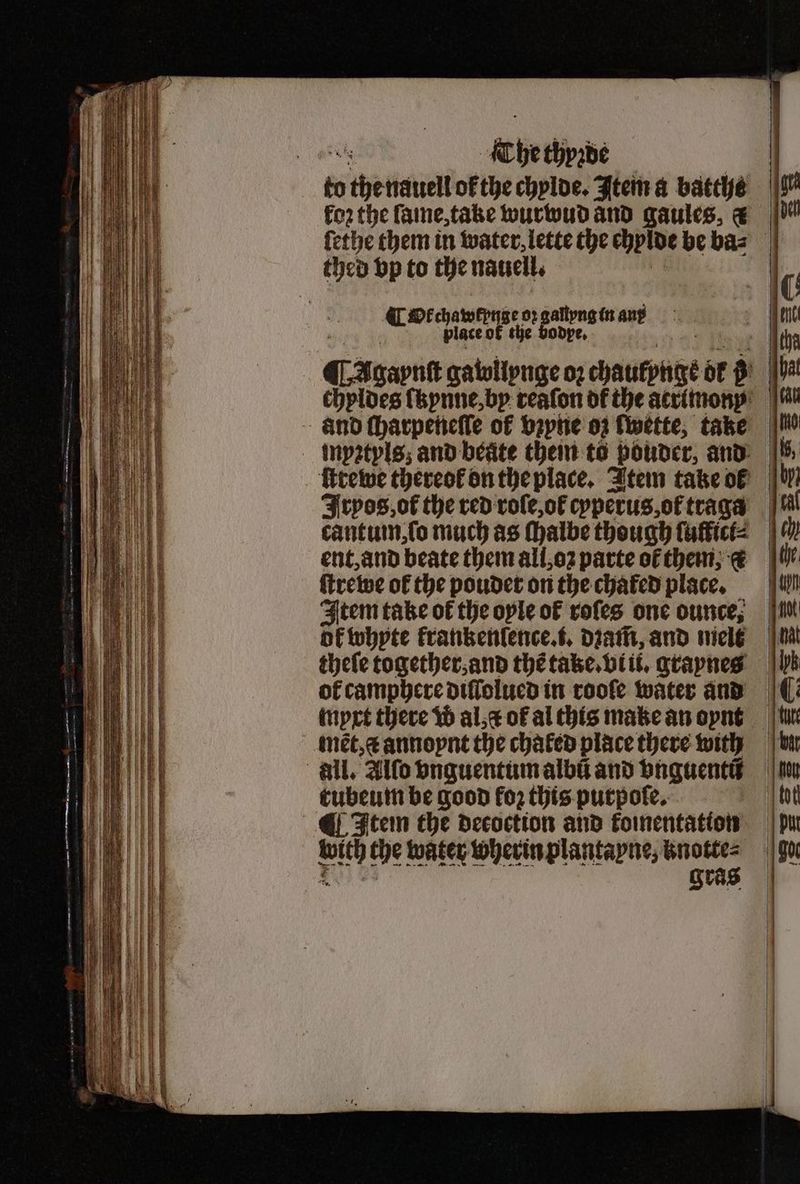 | to thettauell of the chylde. Item a batthe fo2 the ſame, take wurwud and gaules, d fethe them in water, lette the chylde be baz thed vp to the nauell. Ct chawkpnge oz gallyng in ang | place ok the bodpe, CSaavnt gawllynge oꝛ cbaukpngt bt 5 ii chyldes ſkynne, by reafon df the acrimony: — aͤnd ſharpeneſſe of bꝛyne oz wette, take trewe thereof on the place. Item take ok Irpos, ot the red role, ot cypẽrus, ot traga cantum, ſo much as ſhalbe though ſuffici⸗ ent, and beate them all, oz parte of them; € ſtrewe of the poudet on the chaled place. Item take of the oyle of roſes one ounce; ok whyte frankenſence. 1. dꝛam̃, and melt theſe together, and thẽ take. vi ii. graynes of camphere diffolucd in roole water and mpxt there 1 al of al this make an oynt mẽt, æ annoynt the chated place there with all. Alſo vnguentum alba and vnguentũ rubeum be good fo2 this purpoſe. Item the decoction and ftoinentation with the water wherin plantayne, knotte⸗ 4 gras