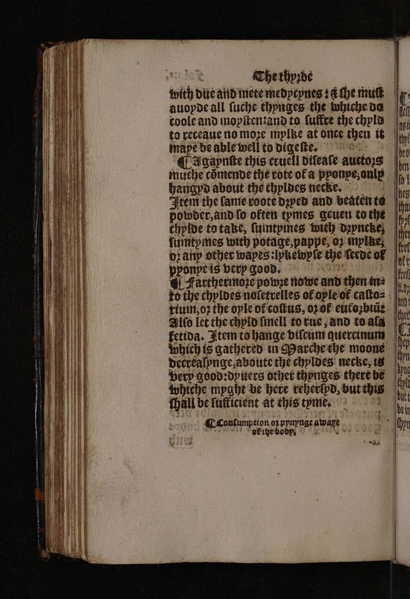 with due and mete medycynes: z che muſt auopde all ſuche thynges the luhiche do coole and moyſtenꝛand to ſuftre the chyld to receaue no moꝛe mylke at once then it mape be able well to digeſtee. @ Agaynſte this cruell diſeaſe auetozs hangyd about the chyldes neckhe. ſumtymes with potage, pappe, oʒ myike o any other wapes:lykewyſe pyonpe is very good. le yf tt iy! beo {hall be ſufkicient at this tyme ( contumption oz ppnynge awaye b the bod rt