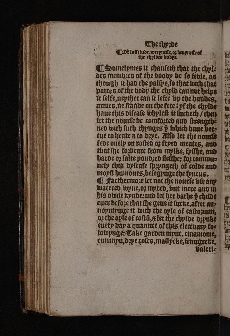 Tt lattitude, werpnelte, oz heuyneſle ot the thplocs bodpe, | ¶ Sometpmes it chanleth that the chyl⸗ des membres of the boody be ſo keble, ag partes ol the body the chyld can not helpe ¶ Farthermoꝛe let not the nourle vle any his owe kynde:and let her bathe 6 childe noyntynge it with the ople ol caſto num, euery day a quantite of this electuarp fos lowynge: Take garden mynt, cinamome, cummpn, Dope roles, maſtycke, kenugreke,