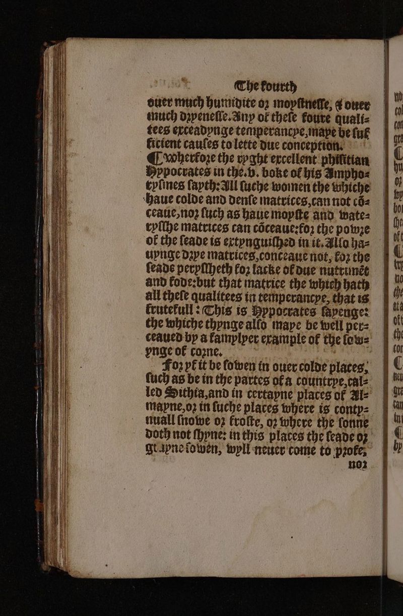 duer much humidite oz moyſtneſſe, J over much dꝛyeneſle. Any ok thele koure quali⸗ tees exceadynge temperantcye, mape be fuk kicient cauſes to lette due conception. ¶whertoꝛe the ryght excellent philitian Hypocrates in the. v. boke of his Ampho⸗ rylmes layth: all ſuche women the whiche haue colde and denſe matrices, can not cõ⸗ ceaue, noʒ ſuch as haue moyſte and wate⸗ ryſſhe matrices can cõceaue:foꝛ the pomʒe uynge Dope matrices, conceaue not, łoꝛ the and kode:but that matrice the which bath all thefe qualitees in temperantye, that is krutekull: This is ypocrates ſapenge: the whiche thynge allo maye be well per⸗ ceaued by a kamylyer example of the low⸗ ynge of coꝛzne. Foꝛ yt it be ſowen in ouer colde places. ſuch as be in the partes ofa countrye, cal⸗ mapne, oz in ſuche places where is conty⸗ nuall ſnowe 02 kroſte, o2 where the fonne 102