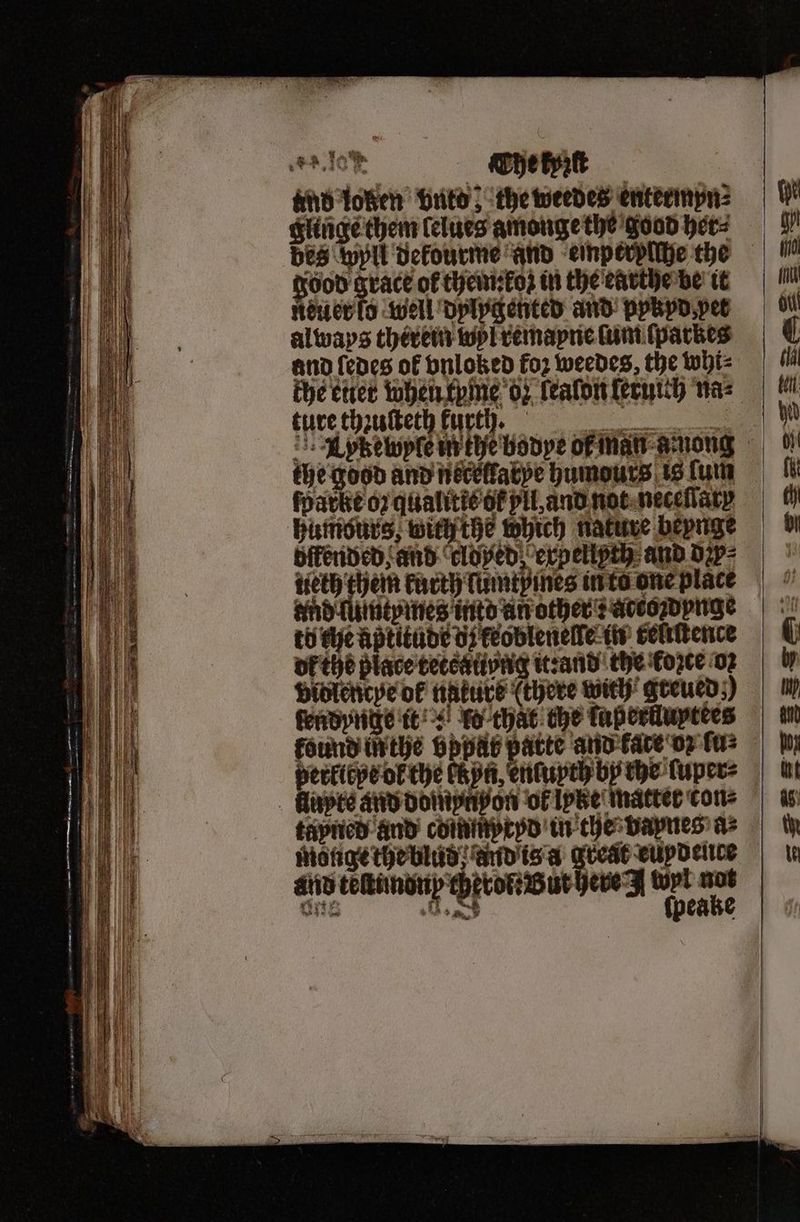 „ und loken vntdo; the weeded entermyn⸗ good grace of them: ko in the earthe be it neu er lo well dylpgented and pykyd pet always therein wol remayne lum (parkes and ſedes of vnloked foꝛ weedes, the wht- che etree when tyme oz lealon leruith na⸗ ture thꝛuſteth kurth. | | the good and nerelkatye humours is lum fpacke oz qualitis ot vll, and not neceſtary humours, with the which nature beynge biferided and eld ved, erpelisth and dzr⸗ ee Med Sie vie one place and Tuittpines intd an other z arto dpnge tö che Aptitude dz keoblenelle in telrltence of the plabe teteguüyng it:and the force o: Didlencpe ok unkure (there wich greukd) fendyngze it: lo that the taperduptees perkitye ol the Capri, nluyth by the luper⸗ Alupte and domypnpon ok lyke matter con⸗ tapned and commprpd in the vaynes ae monge the blud and is a great cupdeitce and teltunonp hero: But here Z we 2 128 A. | p )