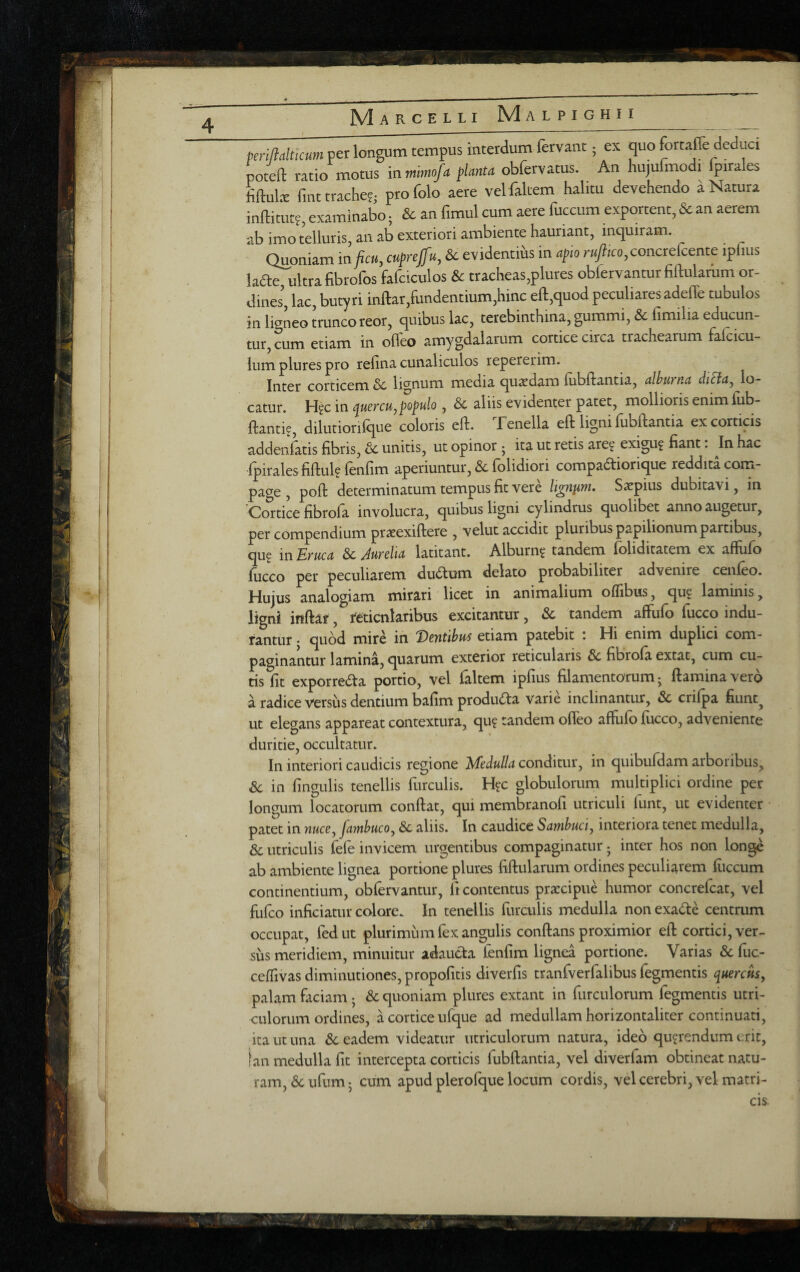 pcnftMcnm per longum tempus interdum fervant; ex quo fortalfe deduci potefl: ratio motus mmimofa planta obfervatus. An hujulmodi Ipirales fiftulx finttrache?. profolo aere velfakem halitu devehendo a Natura inftitut? examinabo • & an fimul cum aere fuccum exportent, & an aerem ab imo telluris, an ab exteriori ambiente hauriant, inquiram. Quoniam 'mficu, cuprejfu, 6c evidentius in apio r«y?/co,concrelcente iplius lade, ultra fibrofos fafciculos & tracheas,plures obfervantur fiftularum or¬ dines, lac, butyri inftar,fundentium,hinc eft,quod peculiares adeffe tubulos in ligneo trunco reor, quibus lac, terebinthina, gummi, & fimilia educun¬ tur, cum etiam in ofleo amygdalarum cortice circa trachearum fafcicu- lum plures pro refina cunaliculos repererim. Inter corticem 3c lignum media quaedam fubftantia, alburna diBa, lo¬ catur. (Quercujpopulo , & aliis evidenter patet, mollioris enim lub- ftanti?, dilutiorifque coloris eft. Tenella eft ligni fubftantia ex corticis addenlatis fibris, dc unitis, ut opinor • ita ut retis are<^ exiguf fiant. In hac fpirales fiftul? fenfim aperiuntur, 3c folidiori compadtiorique reddita com¬ page , poft determinatum tempus fit vere lienum, Sxpius dubitavi, in Cortice fibrofa involucra, quibus ligni cylindrus quolibet anno augetur, per compendium pr^exiftere , velut accidit pluribus papilionum partibus, qu9 in Eruca Sc Aurelia latitant. Alburn^ tandem foliditatem ex affufo fucco per peculiarem dudum delato probabiliter advenire cenfeo. Hujus analogiam mirari licet in animalium oflibus, que laminis, ligni inftar, reticnlaribus excitantur, & tandem affufo fucco indu¬ rantur • quod mire in 'Dentibus etiam patebit . Hi enim duplici com¬ paginantur lamina, quarum exterior reticularis Sc fibrofa extat, cum cu¬ tis fit exporreaa portio, vel faltem ipfius filamentorum- ftarainaverb a radice versus dentium bafim producta varie inclinantur, 3c crifpa fiunq ut elegans appareat contextura, qu? tandem ofleo aflufo fucco, adveniente duritie, occultatur. In interiori caudicis regione Medulla conditur, in quibufdam arboribus, & in lingulis tenellis furculis. H?c globulorum multiplici ordine per longum locatorum conftat, qui membranofi utriculi funt, ut evidenter patet in nuccy JainbucOy Sc aliis. In caudice Sarnbuciy interiora tenet medulla, & utriculis fefe invicem urgentibus compaginatur j inter hos non longe ab ambiente lignea portione plures fiftularum ordines peculiarem fuccum continentium, obfervantur, fi contentus praecipue humor concrefeat, vel fufeo inficiatur colore. In tenellis furculis medulla non exade centrum occupat, fedut plurimum fex angulis conflans proximior eft cortici, ver¬ sus meridiem, minuitur adaucta fenfim lignea portione. Varias & fiic- ceffivas diminutiones, propofitis diverfis tranfverfalibus fegmentis i^uercmy palam faciam; & quoniam plures extant in furculorum fegmentis utri¬ culorum ordines, a cortice ufque ad medullam horizontaliter continuati, ita ut una & eadem videatur utriculorum natura, ideo querendum erit, fan medulla fit intercepta corticis fubftantia, vel diverfam obtineat natu¬ ram, & ufum 5 cum apud plerofque locum cordis, vel cerebri, vel matri-