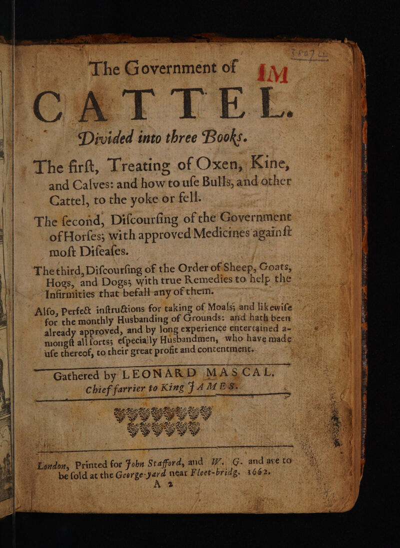 “The Government of | ‘ ad Bn | Ls CATTEL. |= Divided into three Books. |. The firtt, Treating of Oxen, Kine, ie and Calves: and how to ufe Bulls, and other Cattel, to the yoke or fell: The fecond, Difcourfing of che Government of Horfes; with approved Medicines again ft moft Difeates. | Thethird, Difcourfing of the Order of Sheep, Goats, Hogs, and Dogs; with true Remedies to help the Infirmities that befall-any of them. Alfo, Perfe& inftrutions for taking of Moals; and likewife for the monthly Husbanding of Grounds: and hath been already approved, and by long experience entertained a- e” mongft all fortss e{peciaily Husbandmen, who have made. ufe thereof, co their great profit atid contentment. | 0 IE ARAL RA oa oe Gathered by LEONARD MASCAL. Chief farrier to King FAMES. : WoL aye = = SF ames pala nae All * Peek pel far YVyyvyy E « —y a7 aE cn 2 = ANTI STR ~~ London, Printed for Fobn S tafford, and W. G. and axe to i : a | be fold at the Geerge-yard néat Fleet-bridg, 1662, A “| | A 2 oe | £5) Fz HS) DIES AMD AD BVVVIULY He Melle ge ‘Jaw F < LES WMigg = ¥