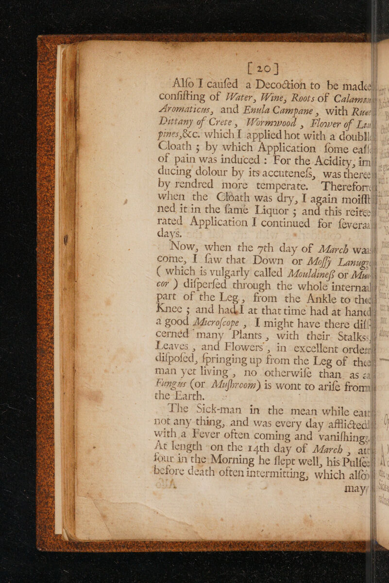 [20] Alfo I caufed a Decodtion to be madee . confiting of Water, Wine, Roots of Calamay\. Aromaticus, and Enula Campane , with Ru! Dit ttany of Crete, Wormwood , Bi lower of Lau pines &amp;C. Whichd applied hot Wits a doubll Cloath ; by wh ich Application fome eaff of pain was induced : For the Acidity; im! ducing dolour by its accutenefs, was theree by rendred more temperate. Therefor: when the Ofer was dry, I again moiftt! ned it in the fame Nee ( and this reitee boa Applic ation I continued for fevers day Se aS Now, when the 7th d: ry OF March wa come, Iw that Down or Moffy Lanugy, ( whic ich is vulgarly called Mouldinef or Mus cor ) difperfe t chi es the whole incernaall part of the Leg ; from the Ankle to thee Knee ; and had at that time had at hand a pe Mier ofc ope , I might have there dif, ornek many ‘Plants , with their Stalkss)) Leaves : end. Flowers : in excellent orde ditpofed ed, fpringing up from the — of thear man y yet living No. otherwile than. as cali Ai or At ae com) is wont to arife foal % t ice — e SS I =S 9 =) = Sick- ‘man in the mean while ear) not any thing, and was every day afflicted! with a Fever often con ning and vanil hing be fo ae ee on the i ae day 64 bis ch, atth sehr re death ofte nintermitt ing, hich al fe :