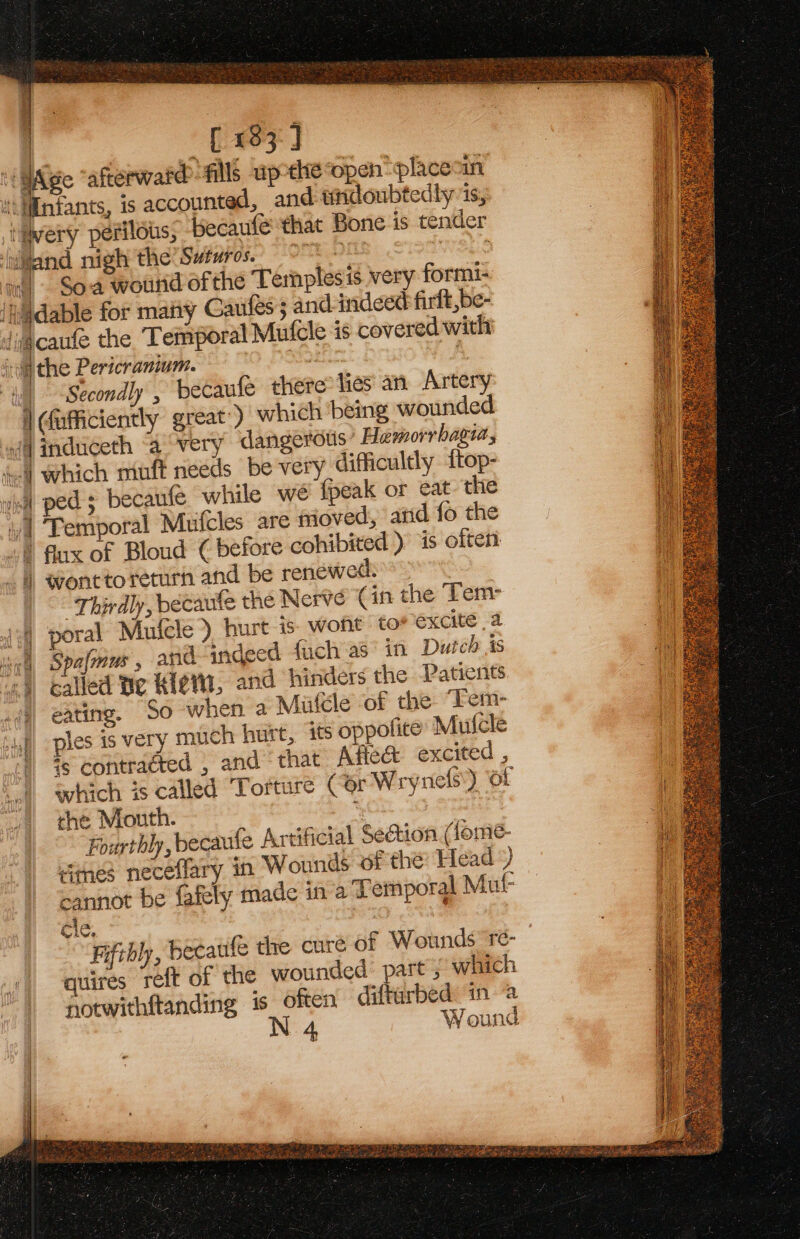 , Saeki «Wipe “afterward ills uprelte open placoan ti {iintants, is accounted, and undoubtedly iS; iery perilous; becaufe that Bone is tender ‘fMand nigh the’Swturos. syuk wes ow! Soa wourid of the Templesis very formi- [hiidable for many Gaufes ; and-indeed firft ,be- diacaufe the Temporal Mufele is covered with fdathe Pericranum. 1D Paes ; ill “Secondly , becaufe there lies an Artery | dufficiently great’) which ‘being wounded oi) induceth “avery dangerous’ Hamorrhagia, te) which muft needs be very difficultly {top- wil ped becaufe while we {peak or eat the | Temporal Mufcles_are frioved, atid fo the 4@ flux of Bloud ( before cohibited ) is often _ I) wonttoreturh and be renewed. “Thirdly, bécaute the Nerve (in the Tem- (i poral Mufele) hurt is. wont to excite a in Spafmus, and ‘adeed fuch as’ in Dutch Js 1) called Be Kem, and hinders the Patients .@ eating. So when a Mutéle of the Tem- 4p, ples is very much hurt, its oppofite’ Mutcle ‘| ¥s contraéted , and ‘that Afie&amp; excited , -el) ‘which 4s called ‘Torture Cor Wrynefs:) of the Mouth. ‘ Fourthly, becaufe Artificial Sedtion (fome- Himes neceflary in Wounds of the: Head ) cannot be fafely made ina Temporal Mut cle. Fifthly, Heeatile the curé of Wounds re- quires reft of the wounded: part 5 which notwithftanding is often difturbed ina