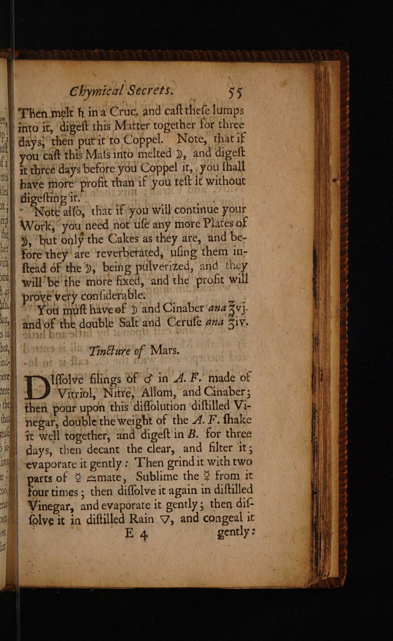 | have tore’ profit than if you telt it without | Work,° you need not ule any more Plates of ), ‘but only the Cakes as they are, and be- fore they are reverberated, fing them in- ftead of the ), being pulverized, and they willbe the more fixed, and the profit will prove very con fiderable: You muft have of » and Cinaber ana ZV}. (a VM nu e 0 { Ch then pour upon this diffolution diftilled Vi- negar, double the weight of the 4. F’. fhake it well together, and digeft in B. for three evaporate it gently : ‘Then grind it with two parts of % «mate, Sublime the } from it four times ; then diffolve it again in diftilled Vinegar, and evaporate it gently; then dif- folve it in diftilled Rain V, and congeal i ' : eS gently : ee Ne le i ly, a aa ee eS we He ‘= = ; . : c = 4 iQ “a ha ag a a a Ne ae age ee Ne A tes P.-E o aad Pray * a