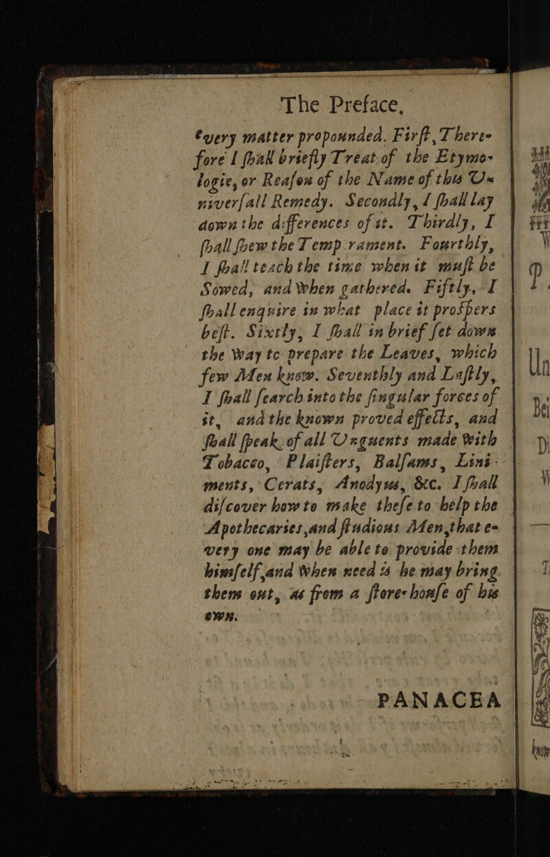 The Preface, fyery matter propounded, Firft, There fore I hak briefly Treat of the Etymo- | logie, or Reafow of the Name of this Us niver[all Remedy. Secondly, l foal lay | down the d:fferences of st. Thirdly, I foall fvew the Temp rament. Fourthly, I foall teach the time when it muft be Sowed, and When gathered. Fiftly, I foall enquire in what place it prospers beft. Sixtly, I hall in brief fet down the Way tc prepare the Leaves, which few Men know. Seventhly and Laftly, I fall fearch into the fingular forces of it, andthe known proved effects, and foall peak, of all Unguents made With Tobacco, Plaifters, Balfams, Lins: ments, Cerats, Anodyus, &c. I foall difcover howte make thefeto belpthe | Apothecarses and fiudions Afen,that e- very one may be ablete provide them him/elf.and When need 4 he may bring thens out, as from a fore: honfe of bis OW. “ ath 5 ~ 2. —_—> =