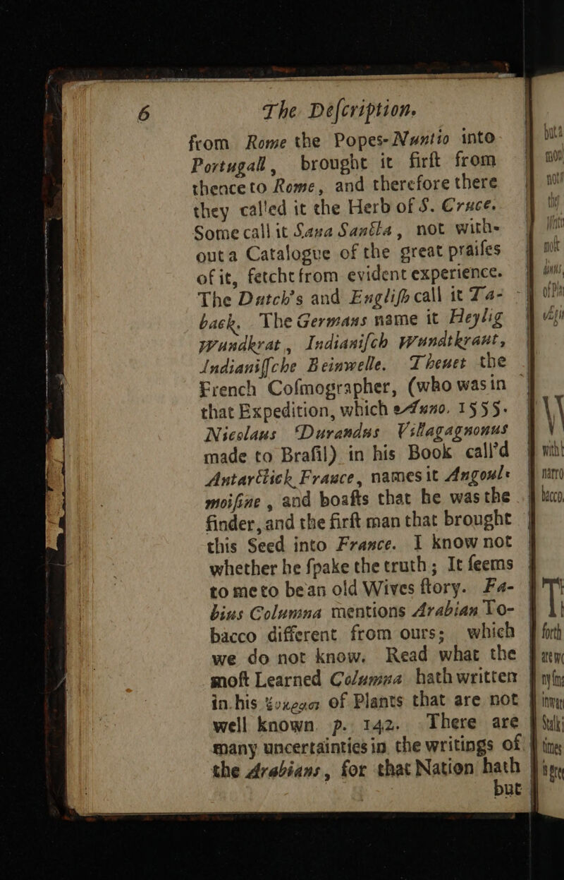 from Rome the Popes-Nuntio into Portugal, broughe it firlt from thenceto Rome, and therefore there they called it che Herb of 5. Cruce. Some call it Saxa Sanfla, not with- outa Catalogue of the great praifes of it, fetcht from evident experience. The Datch’s and Exglifo call Ta- back, The Germans name it Heylig wundkrat,, Indianifch Wundtkrant, | Indianif[che Beinwelle. Thenet the | French Cofmographer, (who wasin | that Expedition, which efwmo. 1555. Nicolaus ‘Durandus Villagagnonus made to Brafil) in his Book call’d Antarflick Frauce, namesit Angoul: moifine , and boafts that he wasthe finder, and the firft man that brought this Seed into Frasce. I know not whether he fpake the truth; Itfeems | to meto bean old Wives ftory. Fa- bins Columna mentions Arabian To- | T; bacco different from ours; which ff forth we do not know. Read what the moft Learned Columua hathwritter ff nfo; in. his ¥oxeao Of Plants that are not inva well known. p. 142. There are 9 Suki many uncertainties in, the writings Of } ting the Arabians, for that Nation hath | BEG but § pi yr A are