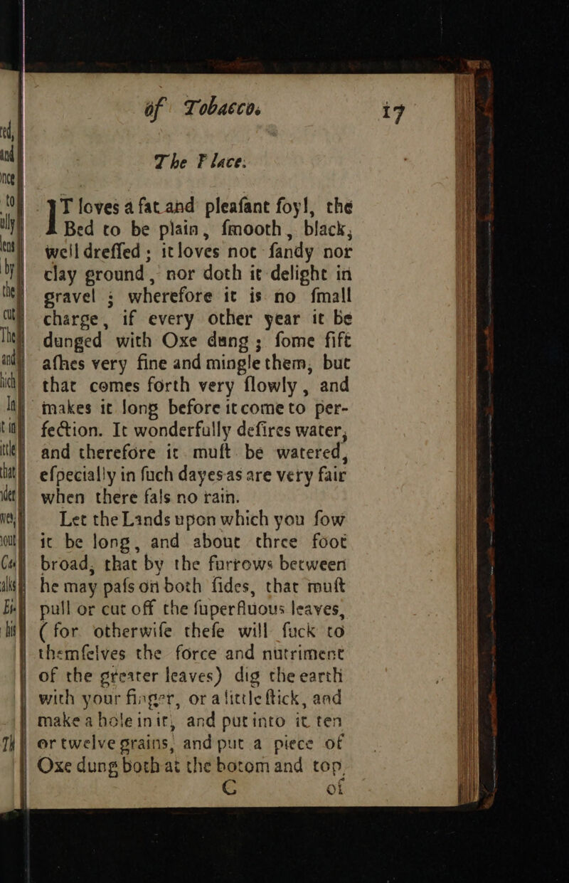 The F lace: | :elbhadelie and pleafant foy!, the ily Bed to be plain, fmooth , black, y welldreffed; itloves not fandy nor OY th sravel ; wherefore it is no fmall } clay ground, nor doth it delight in | charge, if every other year it be | dunged with Oxe dung; fome fift | afhes very fine and mingle them, but | that comes forth very flowly , and | makes it long before itcome to per- til) fection. It wonderfully defires water, tit) and therefore ic. muft. be watered, it) efpectally in fuch dayes-as are very fair Wet!) «when there fals no rain. vi) == Let the Lands upon which you fow out] ic be long, and aboue three foot (#l) broad, that by the furrows becween is} he may pafs on both fides, thar mutt Ff pull or cat off the fuperfuous leaves, sy (for otherwife thefe will fuck to | themfelves the force and nutriment | of the greater leaves) dig the earth | with your flager, ora little fick, and | makeaholeinir, and purinto it ten Th | or twelve grains, and put a piece of | Oxe dung both ai the botomand top, | CG of