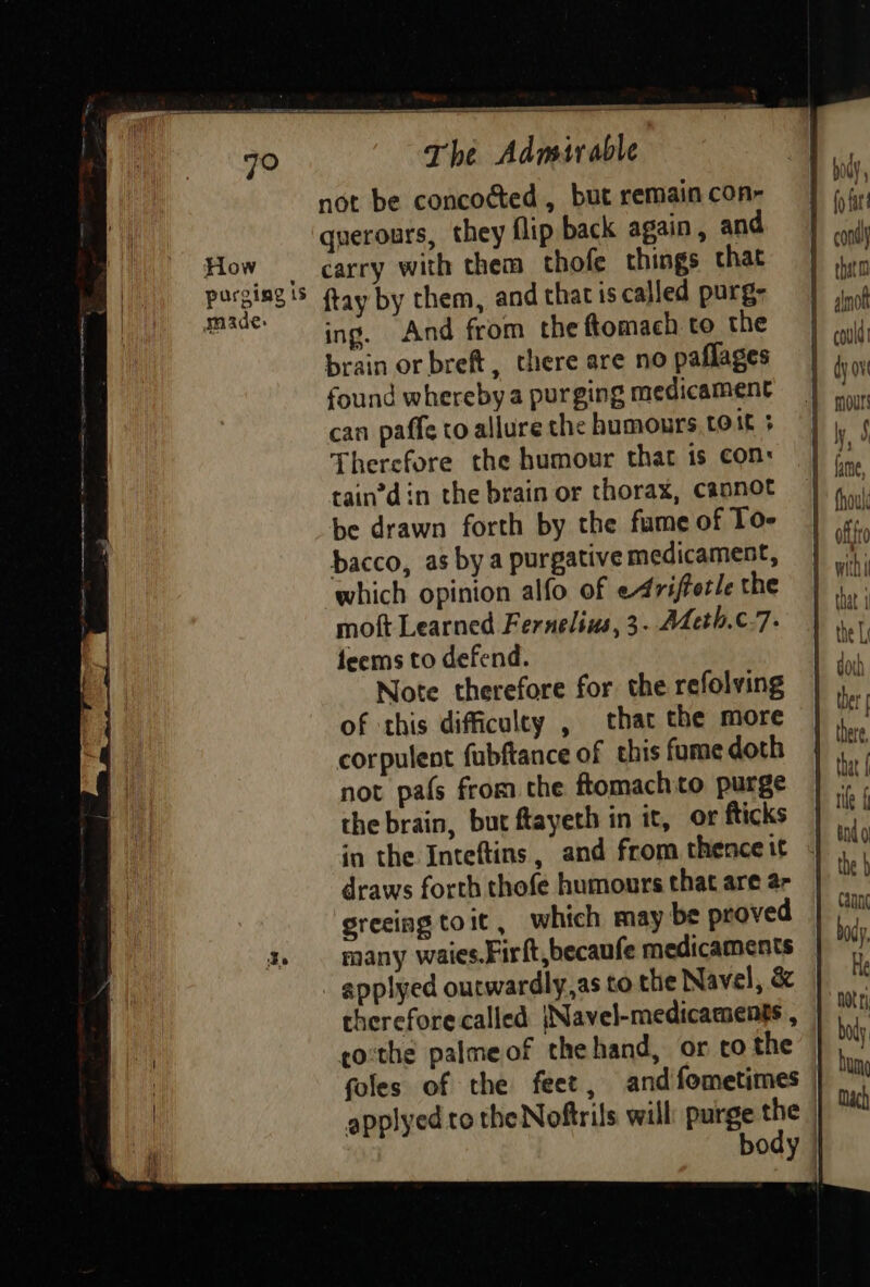 How purging is made: The Admirable not be concocted, but remain con~ querours, they flip back again, and carry with them thofe things that ftay by them, and that is called purg- ing. And from the ftomach to the brain or breft, there are no paflages found whereby a purging medicament can paffe to allure the humours toit + Therefore the humour that is con: tain’din the brain or thorax, cannot be drawn forth by the fume of 10- bacco, as by a purgative medicament, which opinion alfo of e4rifetle the moft Learned Fernelins, 3. ALeth.c.7- teems to defend. Note therefore for the refolving of this difficulty , thar the more corpulent fubftance of this fome doth not pals from the ftomachto purge the brain, but ftayeth in it, or ficks in the Inteftins, and from thence it draws forth thofe humours that are ar grecing toit, which may be proved many waies.Firft,becaufe medicaments therefore called jNavel-medicaeents , tothe palmeof thehand, or co the