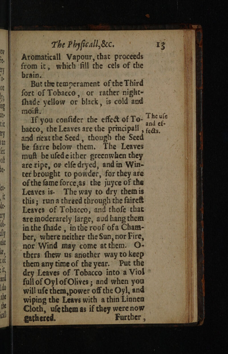 The Phyficall,&amp;c. Aromaticall Vapour, that proceeds brain. But the temperament ofthe Third fort of Tobaeco, or rather night- fhade yellow or black, is cold and moift. | If you confider the effec of To- bacco, the Leaves are the primcipall , and next the Seed, though the Seed be farre below them. The Leaves muft be ufedeither. greenwhen they are ripe, or elfedryed, and in Win- ter brought to powder, for they are of the fame force,as the juyce of the Leaves iss The way to dry themis this; runathreed through the faireft Leaves of Tobacco, and thofe that aremoderarely large, aud hang them in the fhade , inthe roof ofa Cham- ber, where neither the Sun, nor Fire, nor Wind may come atthem. O- thers: fhew us another way to keep them anytime of the year. Put the dry Leaves of Tobacco into a Viol fall of Oy! of Olives ; and when you will ufe them, power off the Oy], and wiping the Leavs with athin Linnea Cloth, ufethem as if they were now gathered. Further , Theufe and ef- feds.