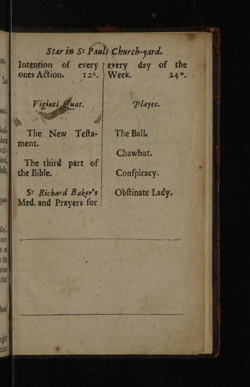 | Intention of every jevery day of the ones Action, 12°, } Week. nae, Viginti Beat. Playes. Ca , _# iit «The New Teftae| The Ball Wty ment. rch Chawbut. ih) = The third part of tl} the Bible. Confpiracy. | $= Richard Baker’s| Obftinate Lady. yh ‘} Med. and Prayers for |