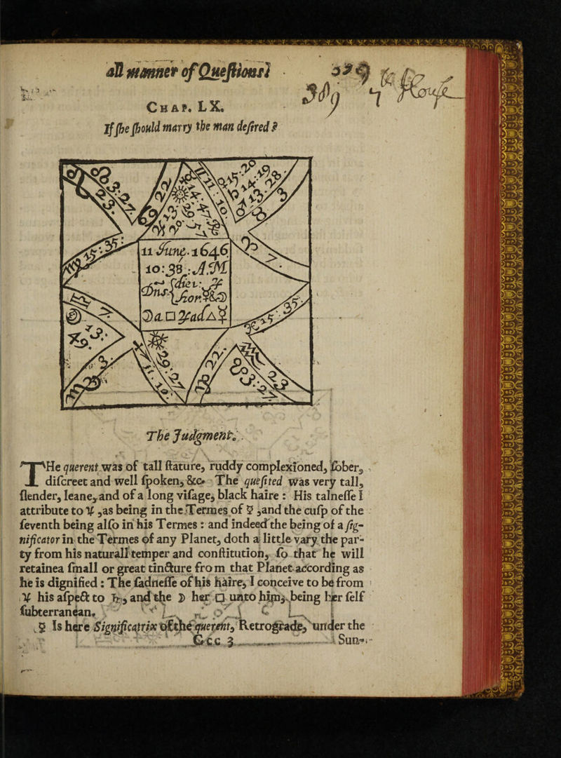 Chap, LX. if (he fhould marry tie man defend.* The Judgment*. 1 f , ' t / > — / V n l *W «, • 1 ■ K THe querent was of tall ftature, ruddy complexioned, &ber3 difcreet and well (poken, &o The queftted Was very tall, (lender, leane*and of a long vifage, black halre : His talnefle I attribute to % ,as being in the Termes of £ ,and the cufp of the feventh being al(o in his Termes: and indeedthe being of a/%- nificator in the Termes of any Planet, doth a little vary the par¬ ty from his natural! temper and conftitution, (o that he will retainea fmall or great tinfture from that Planet according as he is dignified: The fadneffe of his haire, I conceive to be from V his afpe£h to TV, and the 2> her □ unto hip* being hjerfelf (ubterranean. J & \ C S Is here Significatrix o71 c L *emzr,Fvetrogra * under the