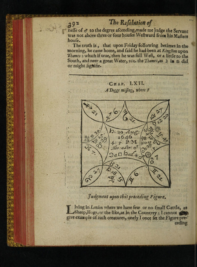 092 1 m Reyalntton of * nefle of d to the degree afcending,made me judge the Servant was not above three or four houfes Weftward from his Matters houle* The truth is, that upon Friday following betimes In the morning, he came home, and faid he had been at Kingston upon T’hantes : which if true, then he was full Weft, or a little to the South, and neer a great Water, viz* the Thames^as i* s did or might figftifieo Chap. LX II. A Vogge miffing^ where ? Judgment upon this preceding Figure. LIviug in London where we have few or no fina'II Cattle, as Sheep,Hogs.,or the like,as in the CountreyI cannot ^0$ give example of luch creatures, onely I once fet the Figure pre- ceding